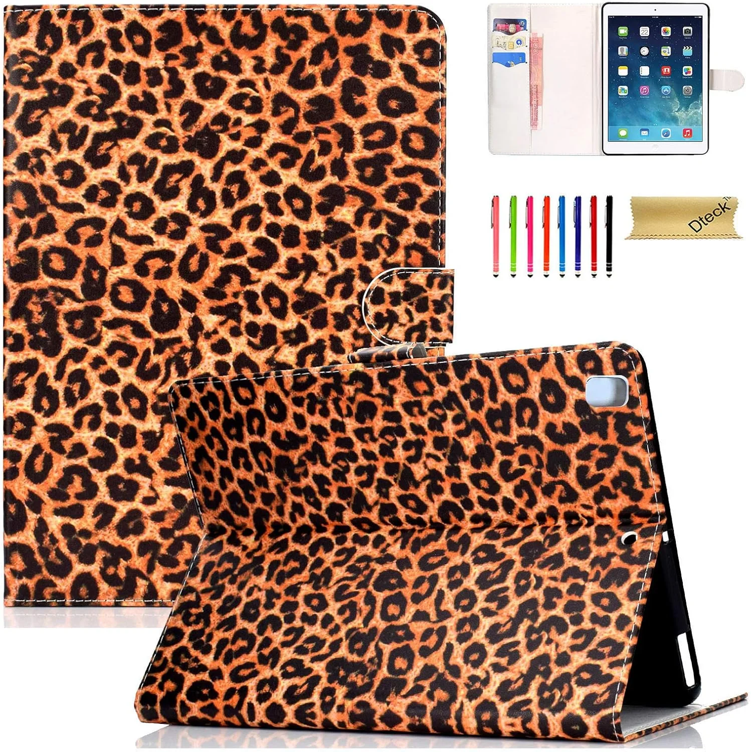 کاور محافظ Dteck برای آیپد 9.7 اینچی اپل 2018/2017 (آیپد نسل 5/6)/آیپد ایر/ایر 2 - کاور هوشمند چرمی تاشو با قابلیت بیدار شدن/به خواب رفتن خودکار برای آیپد اپل 2017/2018، آیپد ایر 1/2 - طرح پلنگی زرد