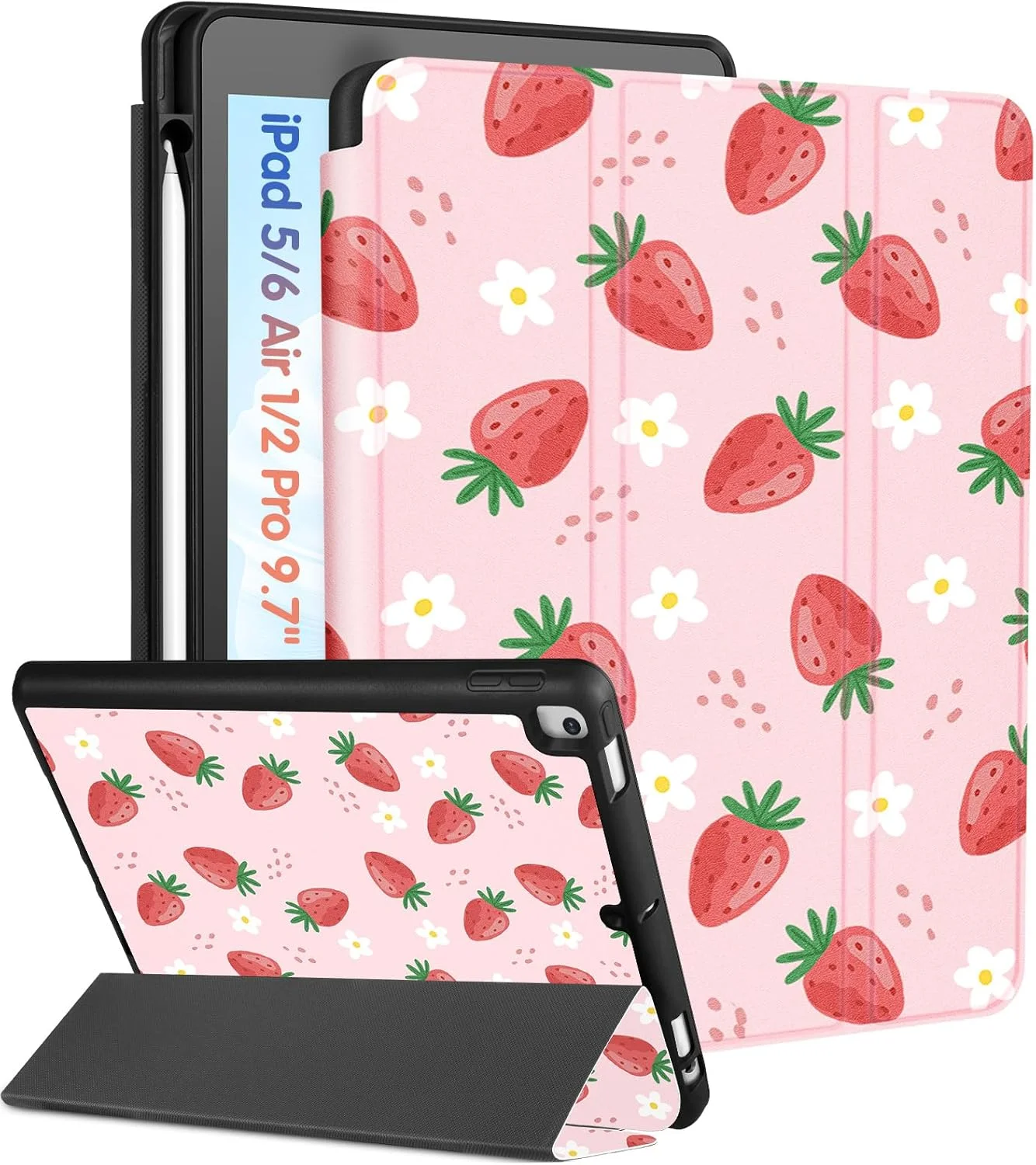 کیف Kidcube مناسب برای آیپد نسل 5 و 6، آیپد ایر نسل 1 و 2، آیپد پرو 9.7 اینچی، کاور دخترانه فانتزی با جای قلم، طرح توت فرنگی زیبا و بامزه، حالت استند و قابلیت بیدار/خواب خودکار