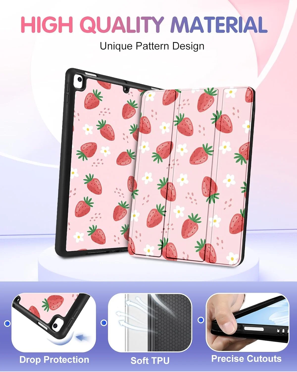 کیف Kidcube مناسب برای آیپد نسل 5 و 6، آیپد ایر نسل 1 و 2، آیپد پرو 9.7 اینچی، کاور دخترانه فانتزی با جای قلم، طرح توت فرنگی زیبا و بامزه، حالت استند و قابلیت بیدار/خواب خودکار