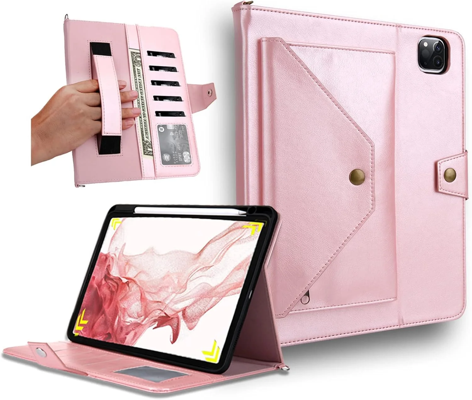 کیف چرمی تبلت آیپد پرو 12.9 اینچ SYOSI، دارای جای قلم، قابلیت بیدار شدن/خواب خودکار، به همراه بند شانه، مناسب برای آیپد پرو 12.9 نسل 6/5/4/3 (صورتی)