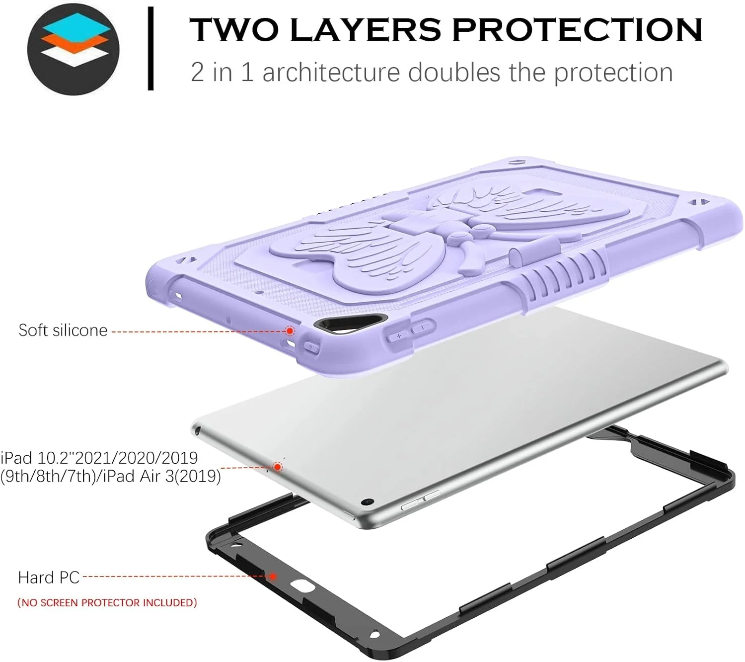 کیف محافظ آیپد نسل 9، 8 و 7 YINLAI، کیف آیپد 10.2 اینچی نسل 9، 8 و 7 سال 2021/2020/2019، کیف آیپد ایر 3 با جای مداد، پایه پروانه‌ای، روکش محافظ ضد ضربه دخترانه، بنفش یاسی
