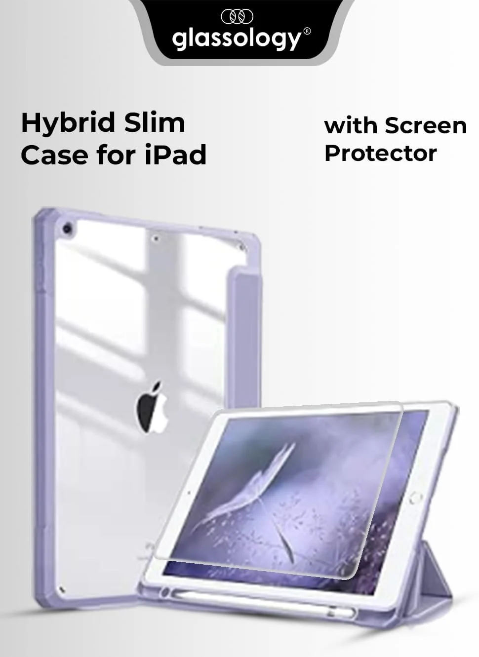 کاور باریک هیبریدی Glassology مناسب برای آیپد نسل 9/8/7 (2021/2020/2019) 10.2/10.5 اینچ - [دارای جای مداد داخلی] کاور ضد ضربه با قاب پشتی شفاف + محافظ صفحه نمایش (بنفش)