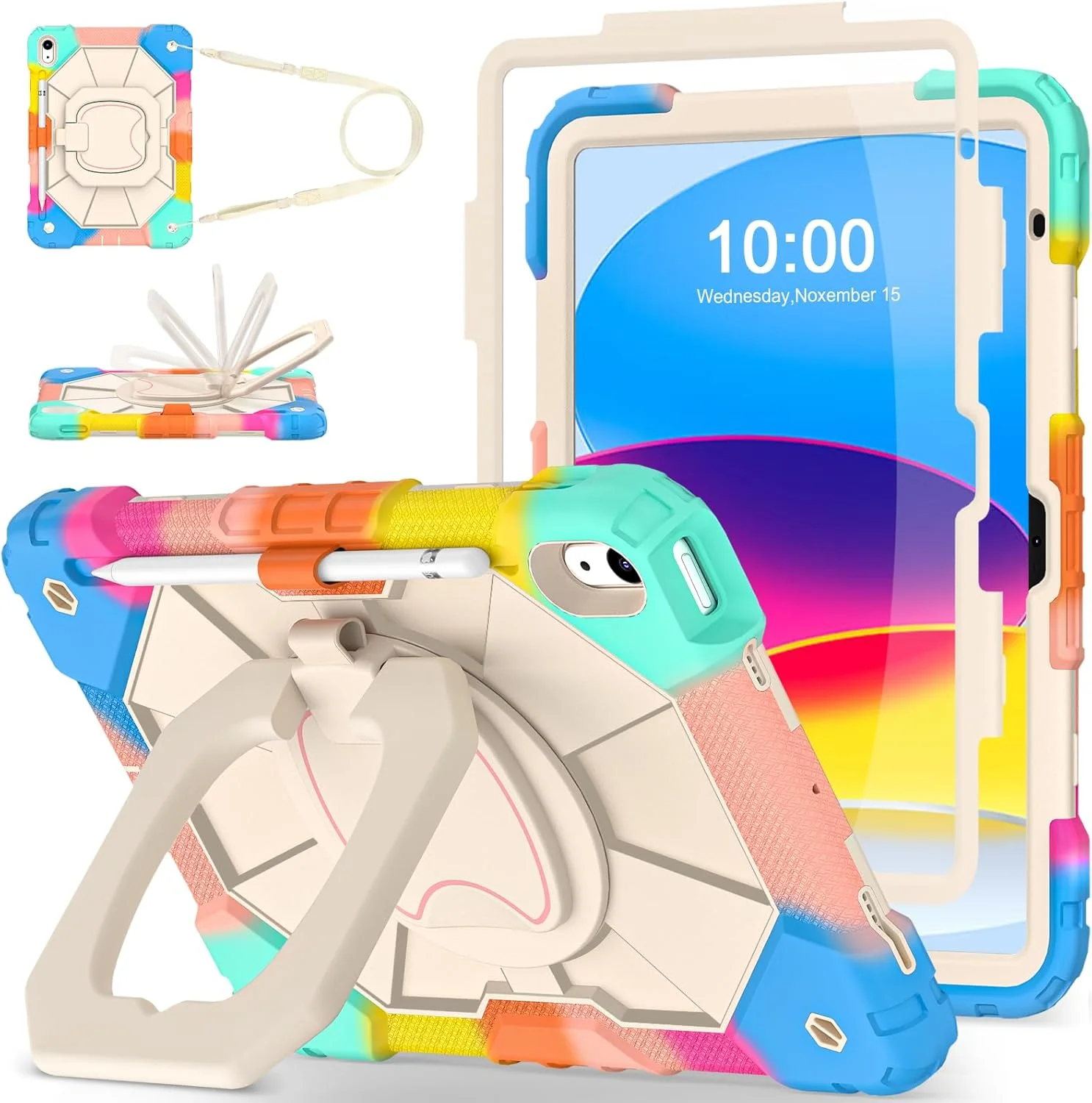 کیف محافظ تبلت وسورول مناسب برای آیپد (A16) نسل 11/10 سال 2025/2022 به همراه محافظ صفحه نمایش، پایه چرخان، نگهدارنده قلم، بند شانه، مقاوم در برابر ضربه، مناسب برای آیپد نسل 10، آبی رنگارنگ