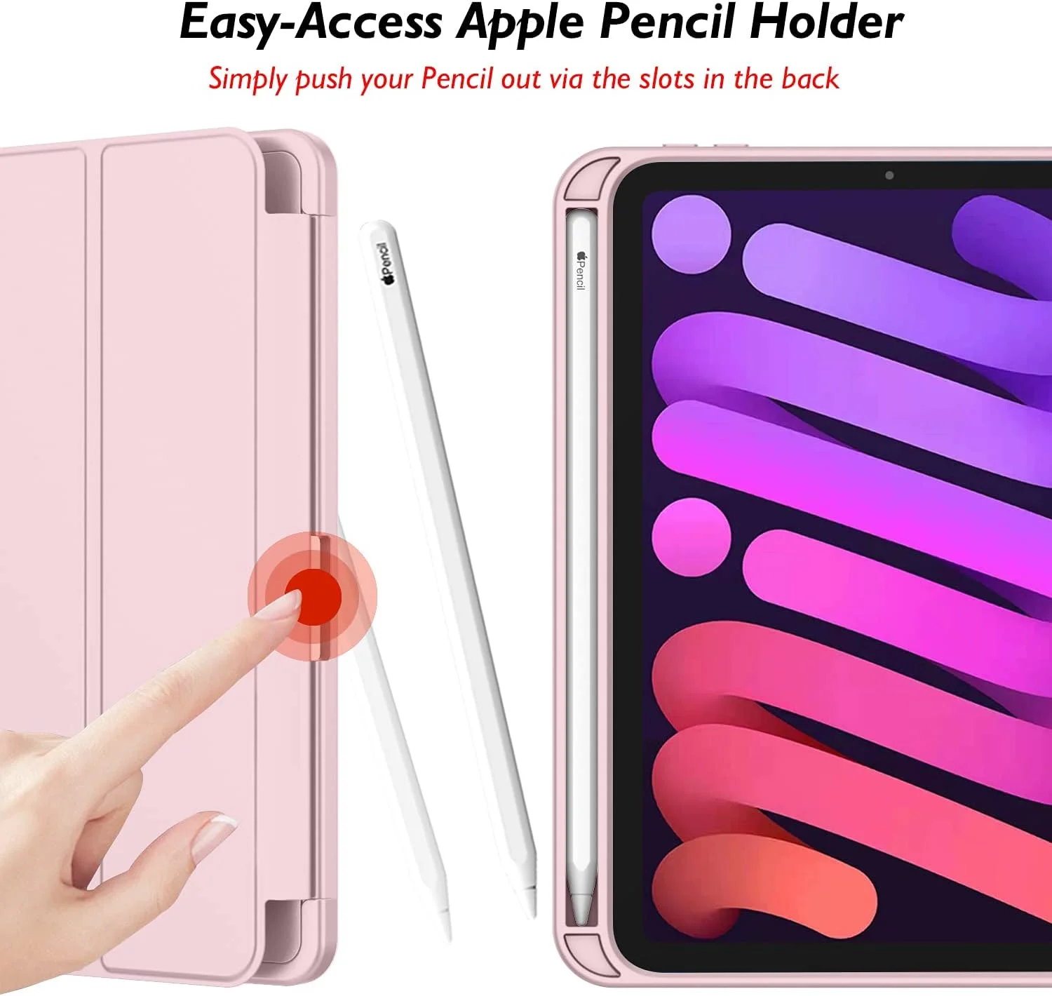 کاور جدید آیپد مینی 6 iMieet (مدل 8.3 اینچی، 2021)، کاور آیپد مینی نسل 6 با جای مداد [پشتیبانی از شارژ/جفت شدن مداد نسل دوم آیپد]، کاور هوشمند سه تایی با پشت TPU نرم، صورتی