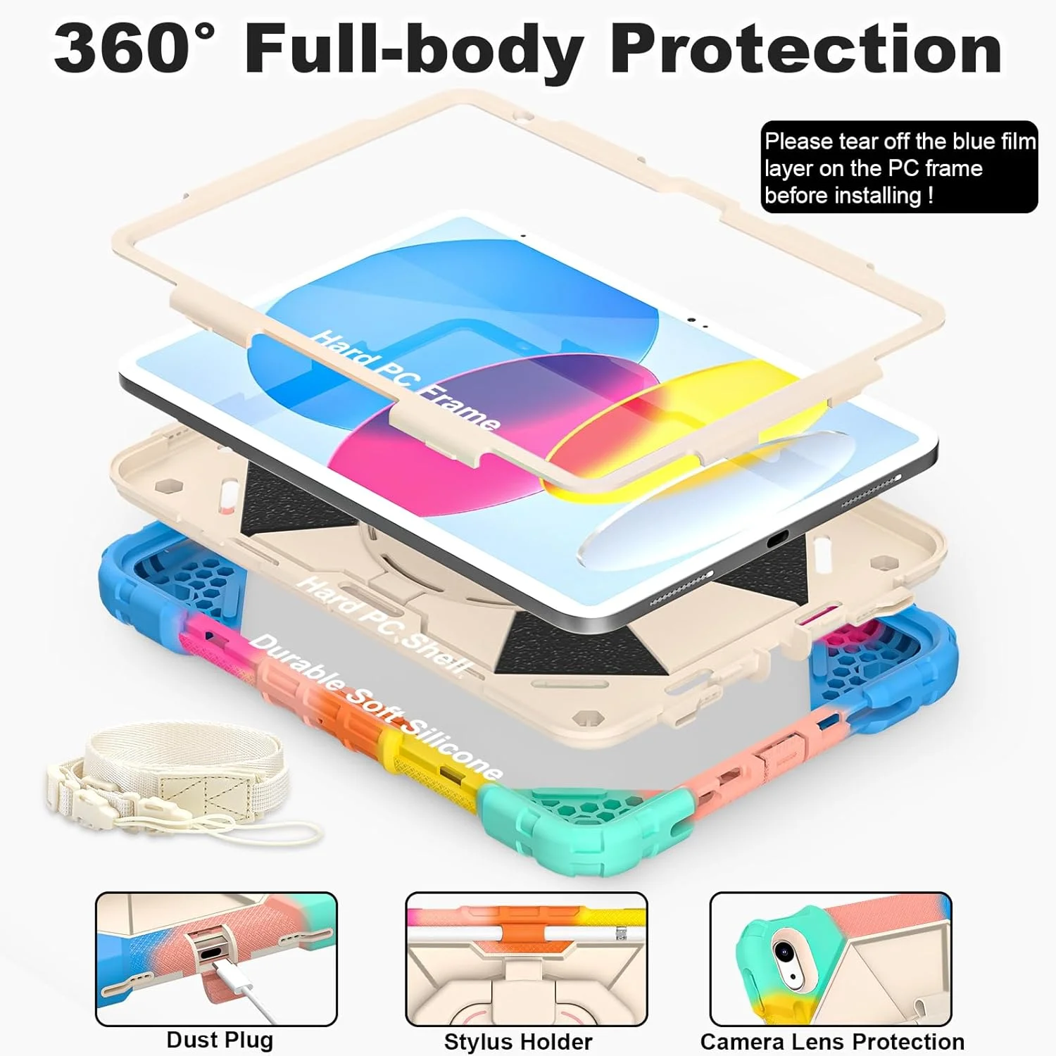 کیف محافظ تبلت وسورول مناسب برای آیپد (A16) نسل 11/10 سال 2025/2022 به همراه محافظ صفحه نمایش، پایه چرخان، نگهدارنده قلم، بند شانه، مقاوم در برابر ضربه، مناسب برای آیپد نسل 10، آبی رنگارنگ