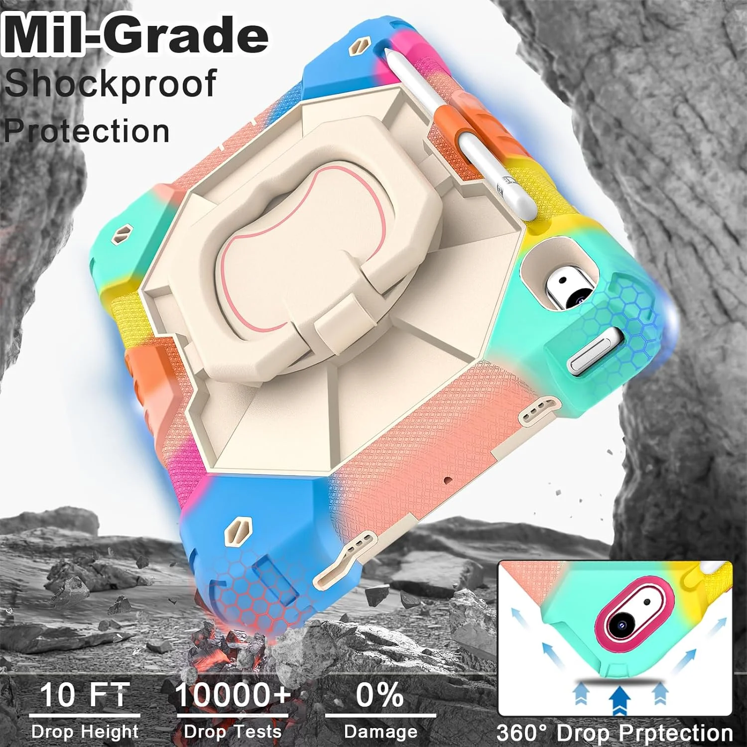 کیف محافظ تبلت وسورول مناسب برای آیپد (A16) نسل 11/10 سال 2025/2022 به همراه محافظ صفحه نمایش، پایه چرخان، نگهدارنده قلم، بند شانه، مقاوم در برابر ضربه، مناسب برای آیپد نسل 10، آبی رنگارنگ