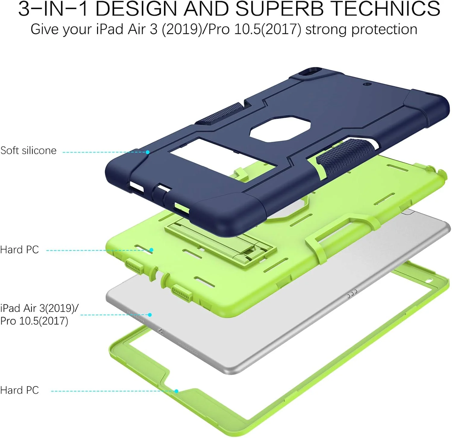 قاب محافظ BENTOBEN برای آیپد ایر 3 2019، قاب آیپد پرو 10.5 اینچ 2017، سه لایه مقاوم در برابر ضربه با پایه نگهدارنده، قاب محافظ تبلت برای آیپد ایر نسل 3 / آیپد پرو 10.5 اینچ 2017، آبی تیره/سبز