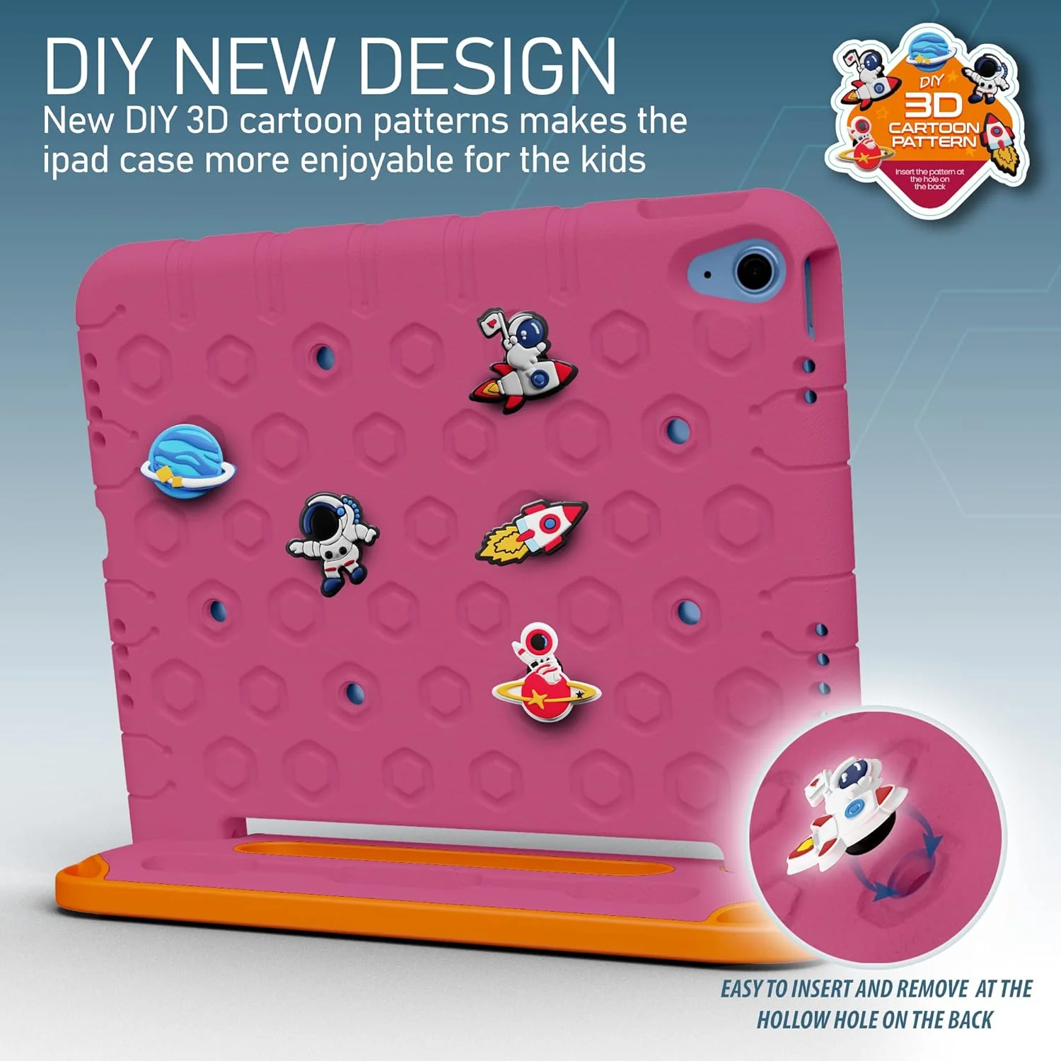 کاور محافظ کودکانه مقاوم Moxedo از جنس EVA سیلیکونی، طرح کارتونی سه بعدی DIY ضد ضربه با جای مداد، پایه و دستگیره سازگار با Apple iPad 2022 (نسل 10) 10.9 اینچ (صورتی گل رز)