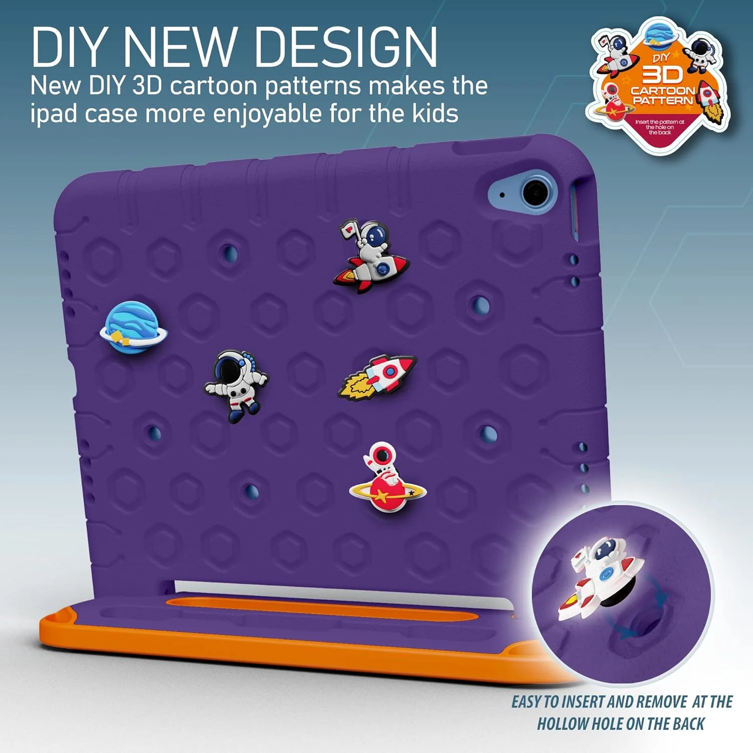 کاور محافظ کودکانه مقاوم Moxedo، ساخته شده از EVA سیلیکونی، ضد ضربه، با طرح کارتونی سه بعدی DIY به همراه جای مداد، استند و دستگیره سازگار با Apple iPad 2022 (نسل 10) 10.9 اینچ (بنفش)