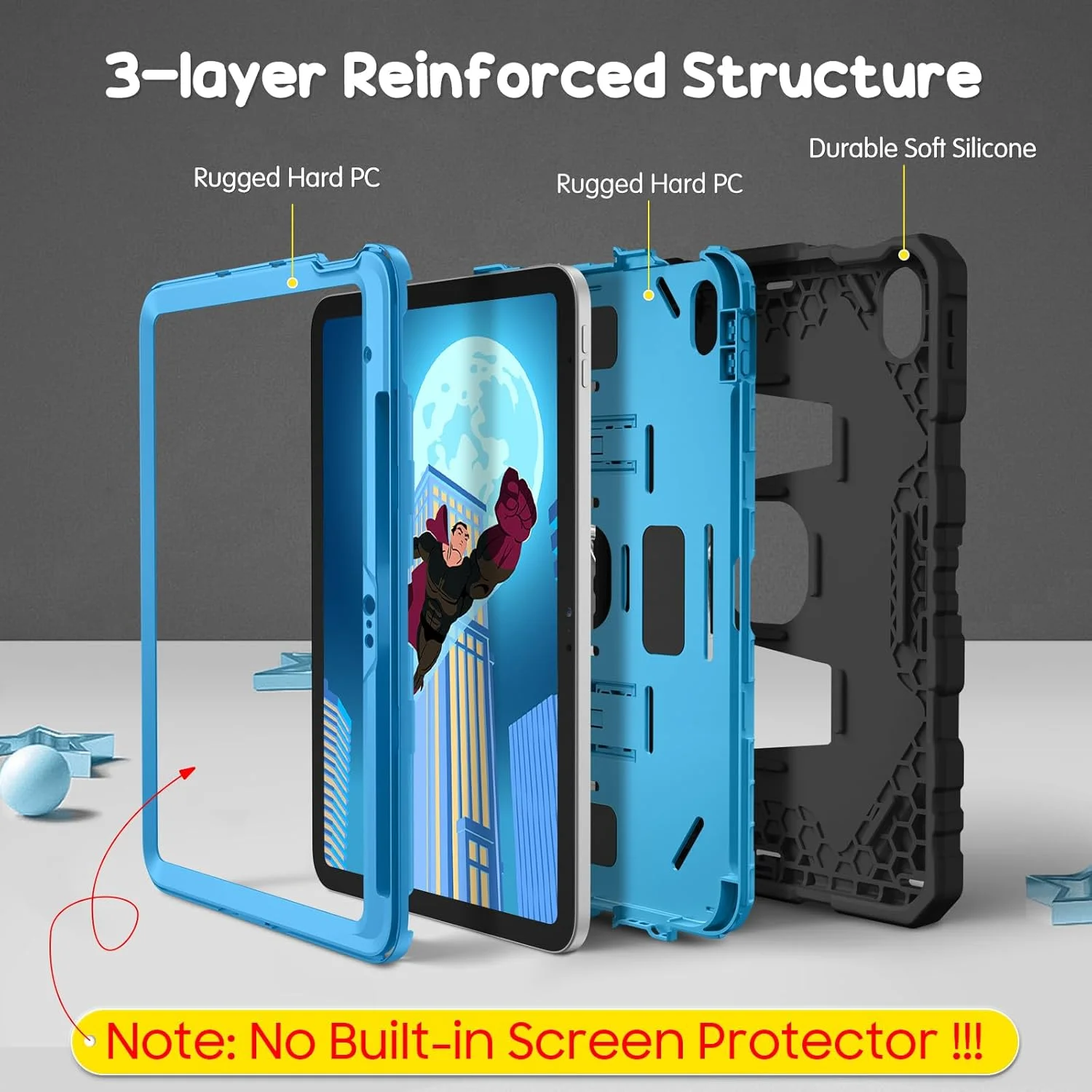 کیف محافظ کودکانه Fintie مناسب برای آیپد (A16) نسل 11 اینچی 11 اینچ (2025)، آیپد نسل 10 اینچی 10.9 اینچ (2022)، کیف محافظ مقاوم در برابر ضربه با پایه نگهدارنده، مشکی/آبی