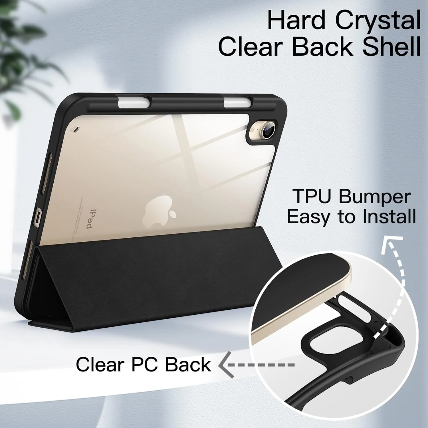 کاور JETech برای آیپد مینی (A17 Pro، مدل 2024، نسل 7) / مینی 6 (مدل 2021، نسل 6) با جای قلم، قاب پشتی شفاف، کاور باریک استند تبلت، قابلیت بیدار/خواب خودکار (مشکی)