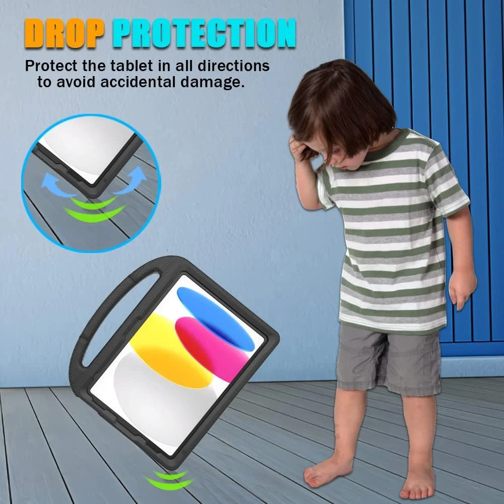 کیف TrendGate مناسب برای آیپد نسل 10 سال 2022 کودکان، کیف آیپد ایر نسل 5/4 با صفحه نمایش 10.9 اینچ، کیف ضد ضربه آیپد پرو/ایر 11 اینچ به همراه پایه دسته دار و جای قلم برای آیپد 10/ایر 6/ایر 5/ایر 4/پرو 11 - مشکی