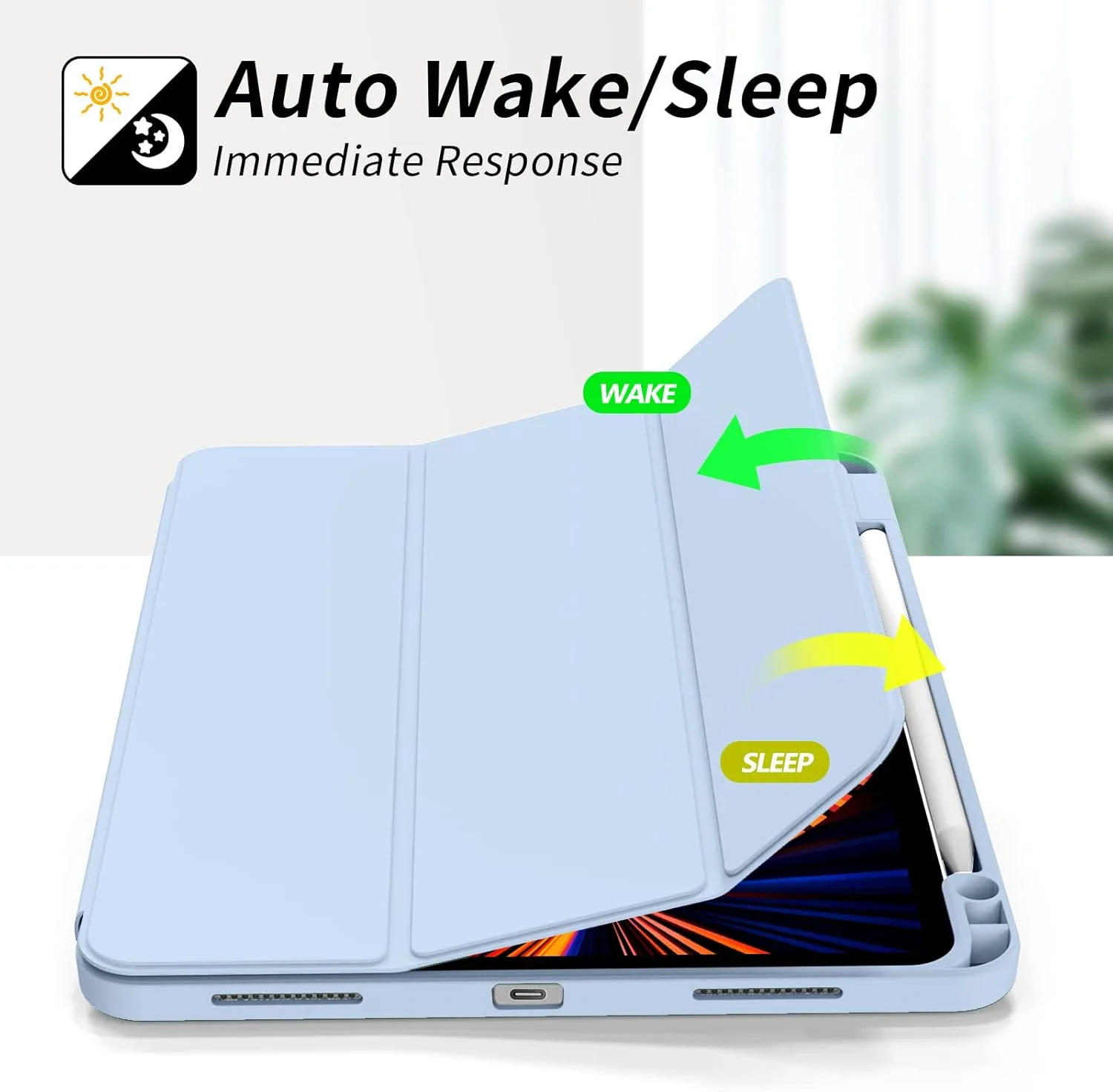 کیف محافظ آیپد پرو 12.9 اینچ کنکی با جای قلم، کاور محافظ هوشمند سه تایی باریک، قاب پشتی TPU نرم با قابلیت خواب/بیدار خودکار برای آیپد پرو 12.9 اینچ نسل 5/4، آبی روشن