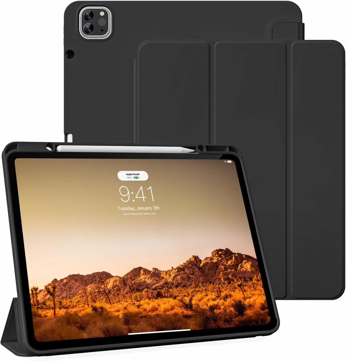 کیف محافظ KVTVOU برای آیپد پرو 12.9 اینچ 2022 2021 2020 (نسل ششم/پنجم/چهارم) با جای قلم برای شارژ، پشت TPU نرم، قابلیت بیدار شدن/خواب خودکار برای آیپد پرو 12.9، مشکی