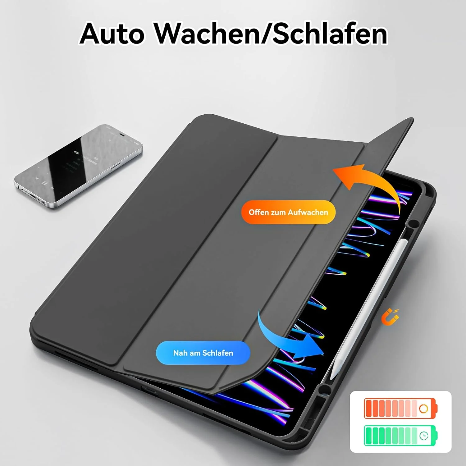 کیف محافظ KVTVOU برای آیپد پرو 12.9 اینچ 2022 2021 2020 (نسل ششم/پنجم/چهارم) با جای قلم برای شارژ، پشت TPU نرم، قابلیت بیدار شدن/خواب خودکار برای آیپد پرو 12.9، مشکی