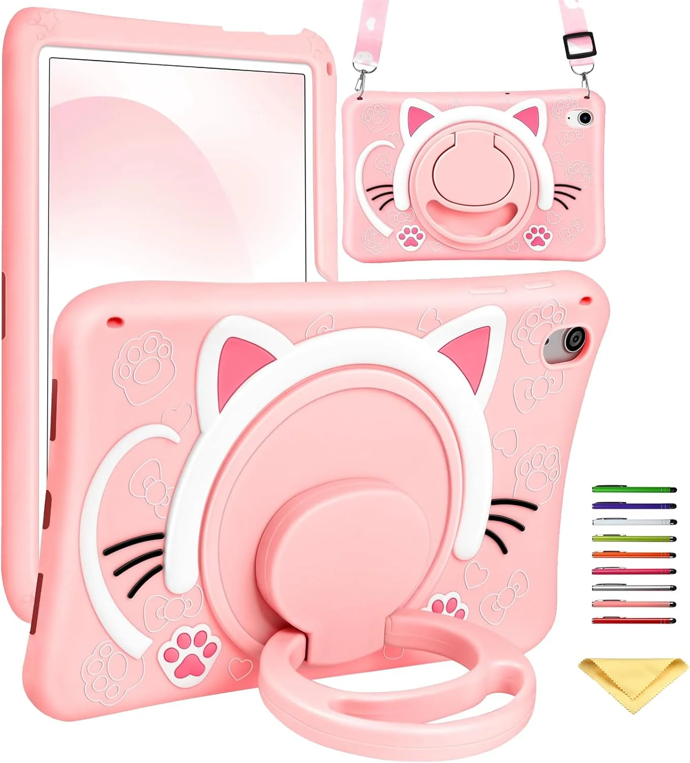 کیف محافظ کودکانه برای آیپد (A16) نسل 11 اینچی 11 اینچ 2025/آیپد نسل 10 اینچی 10.9 اینچ 2022، کاور نرم و بامزه با دسته/پایه حلقه چرخان 360 درجه و جای قلم/بند شانه UUcovers، گربه صورتی