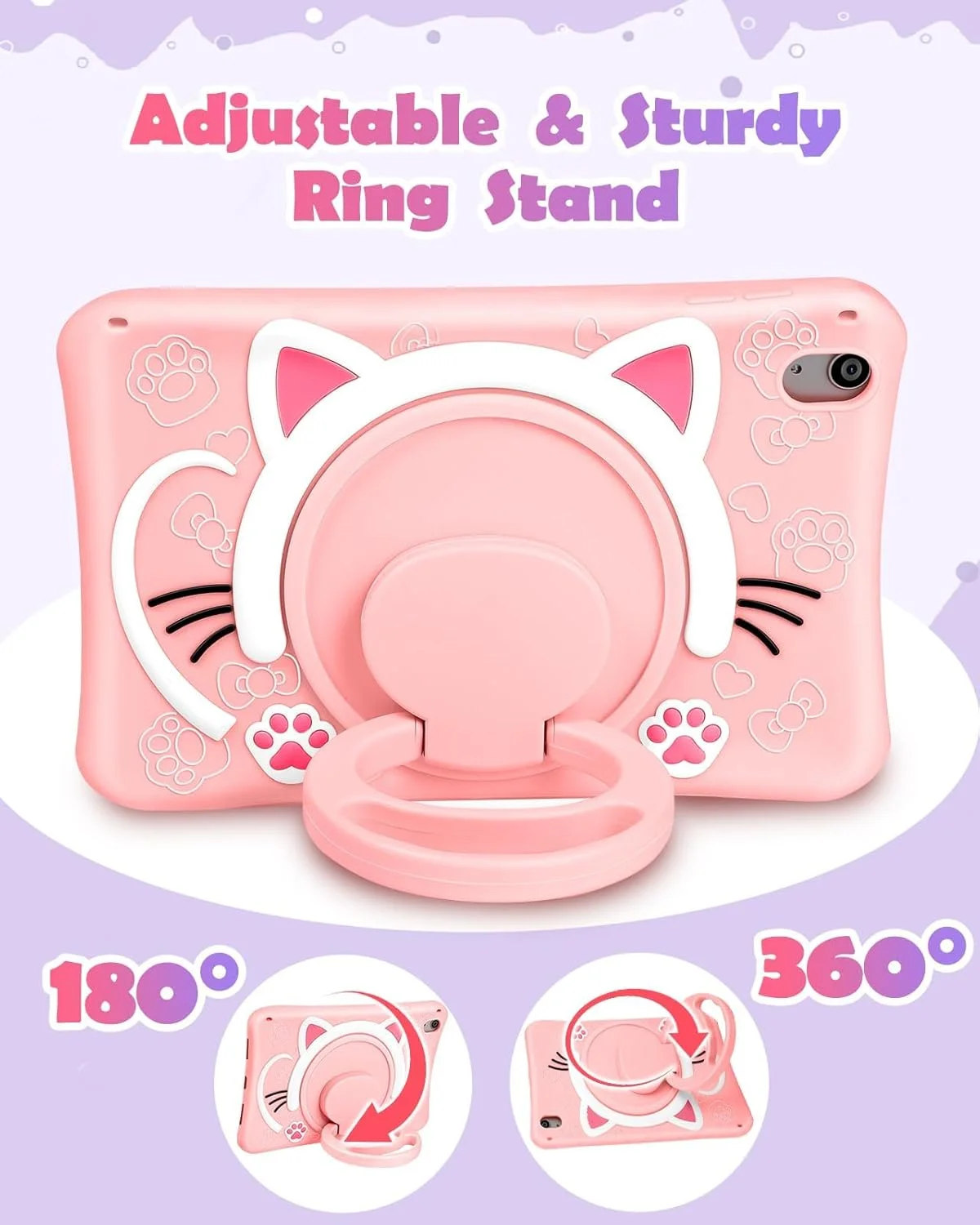 کیف محافظ کودکانه برای آیپد (A16) نسل 11 اینچی 11 اینچ 2025/آیپد نسل 10 اینچی 10.9 اینچ 2022، کاور نرم و بامزه با دسته/پایه حلقه چرخان 360 درجه و جای قلم/بند شانه UUcovers، گربه صورتی