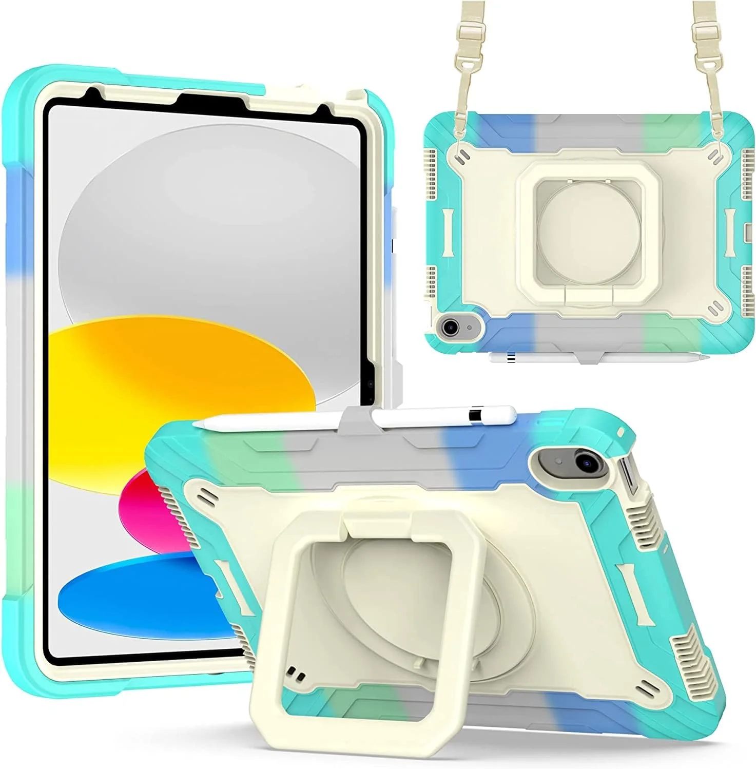 Jarttarn Case for iPad 10th Generation 10.9 inch 2022, Heavy Duty Hybrid Shockproof 360°Swivel Kickstand Anti Scratch Durable Protective Kids Case with Pencil Holder Shoulder Strap Case (Colorful4)