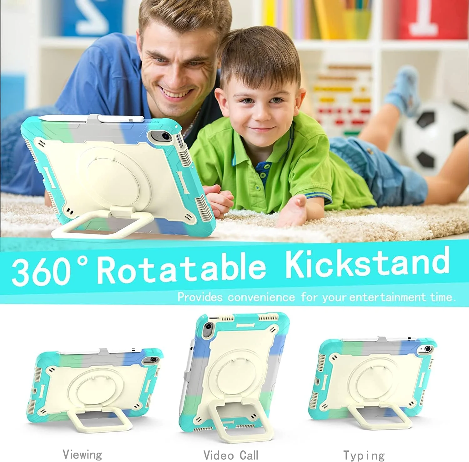 Jarttarn Case for iPad 10th Generation 10.9 inch 2022, Heavy Duty Hybrid Shockproof 360°Swivel Kickstand Anti Scratch Durable Protective Kids Case with Pencil Holder Shoulder Strap Case (Colorful4)