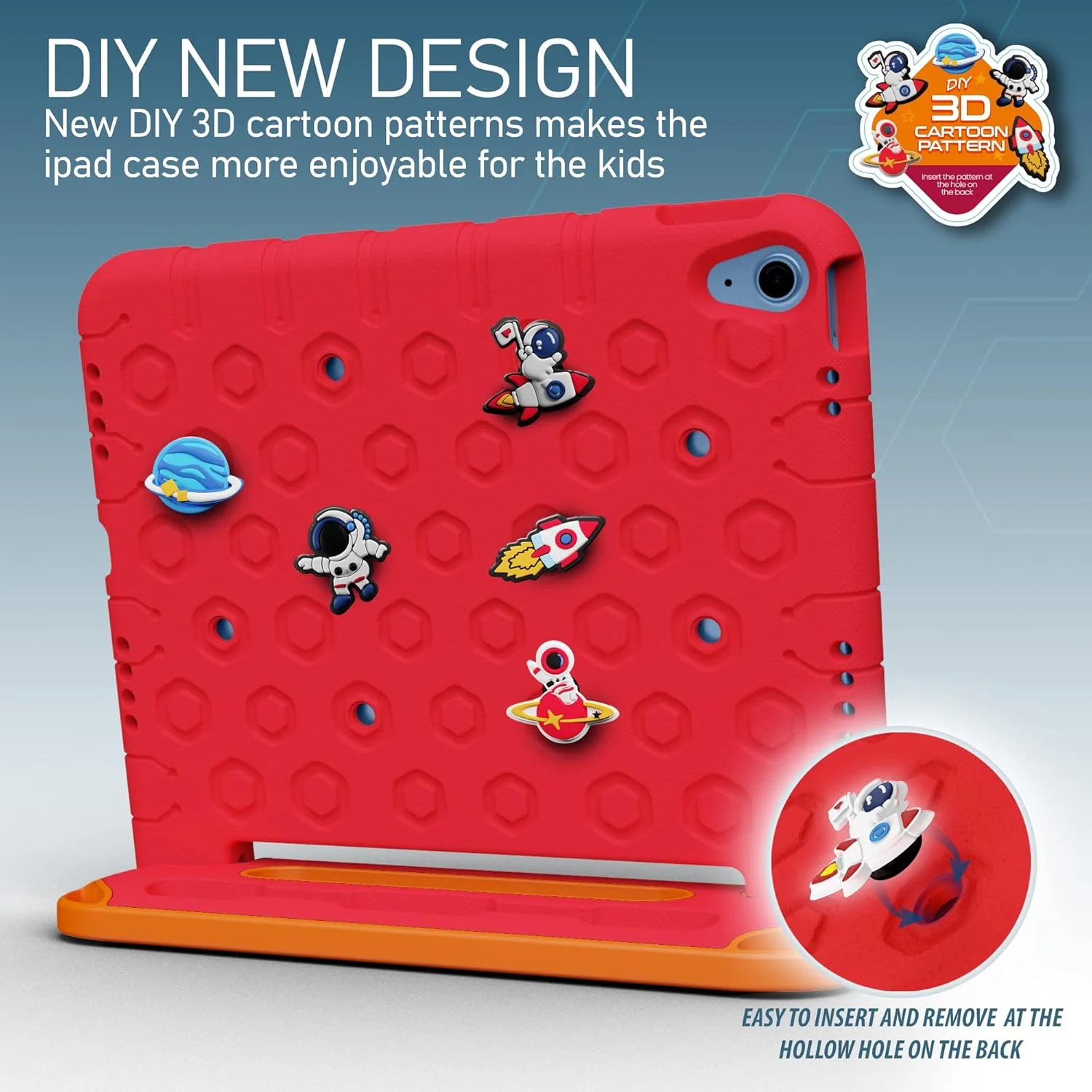 کاور محافظ کودکانه مقاوم Moxedo، ساخته شده از EVA سیلیکونی، ضد ضربه، با طرح کارتونی سه بعدی DIY به همراه جای مداد، استند و دسته، سازگار با آیپد 2022 (نسل 10) 10.9 اینچی (قرمز)