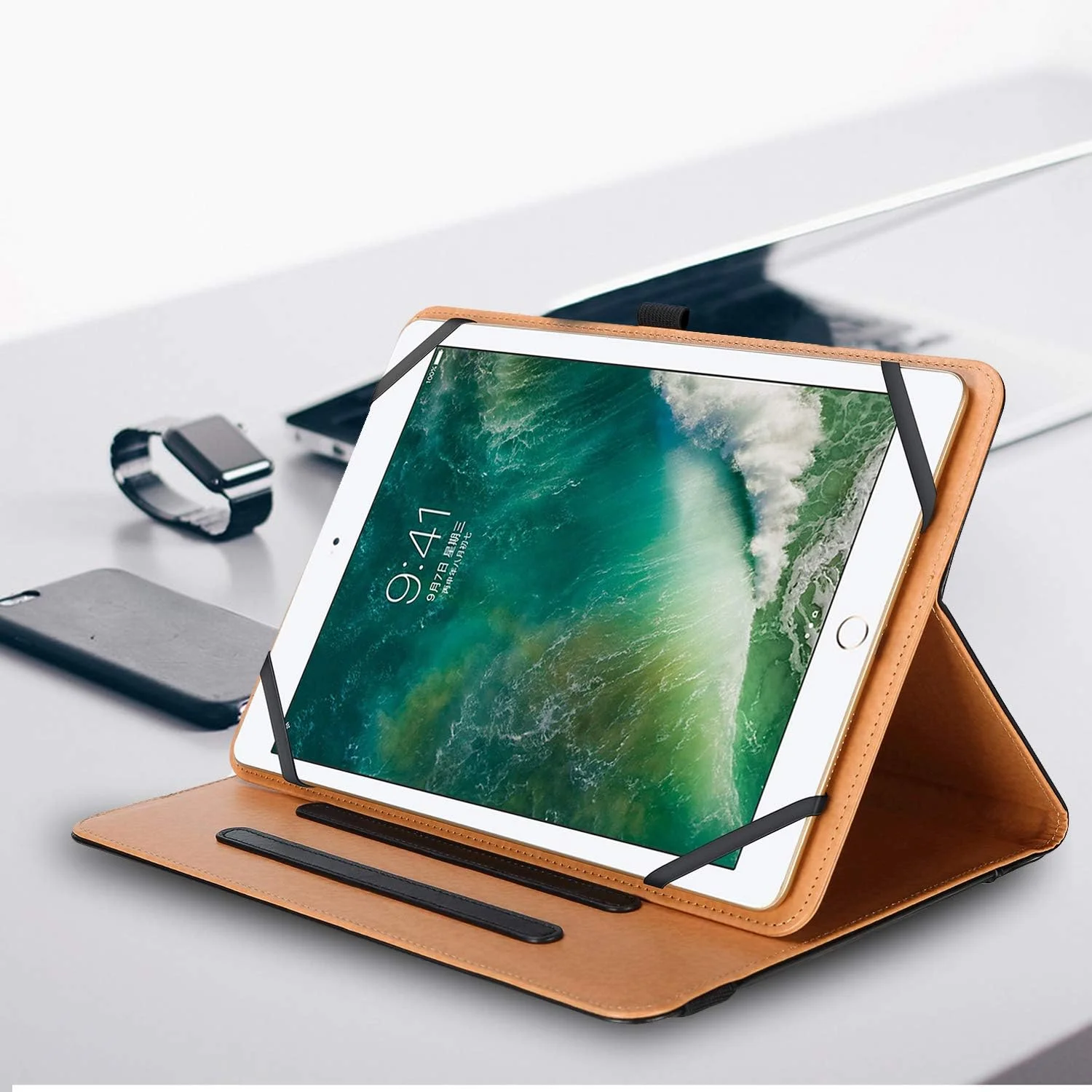 کیف یونیورسال پروکیس برای تبلت های 9-10 اینچی، کیف محافظ تبلت یونیورسال با قابلیت استند برای تبلت های لمسی 9 و 10.1 اینچی، با بند فیکس کننده قابل تنظیم و زوایای دید چندگانه - سرمه ای