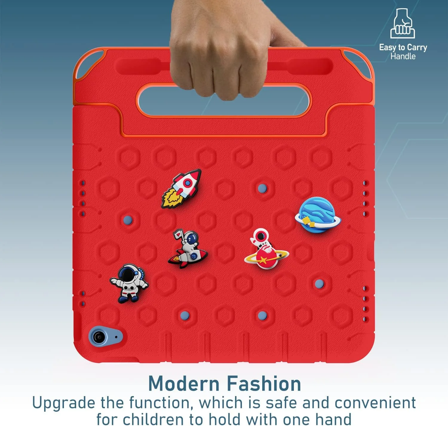 کاور محافظ کودکانه مقاوم Moxedo، ساخته شده از EVA سیلیکونی، ضد ضربه، با طرح کارتونی سه بعدی DIY به همراه جای مداد، استند و دسته، سازگار با آیپد 2022 (نسل 10) 10.9 اینچی (قرمز)