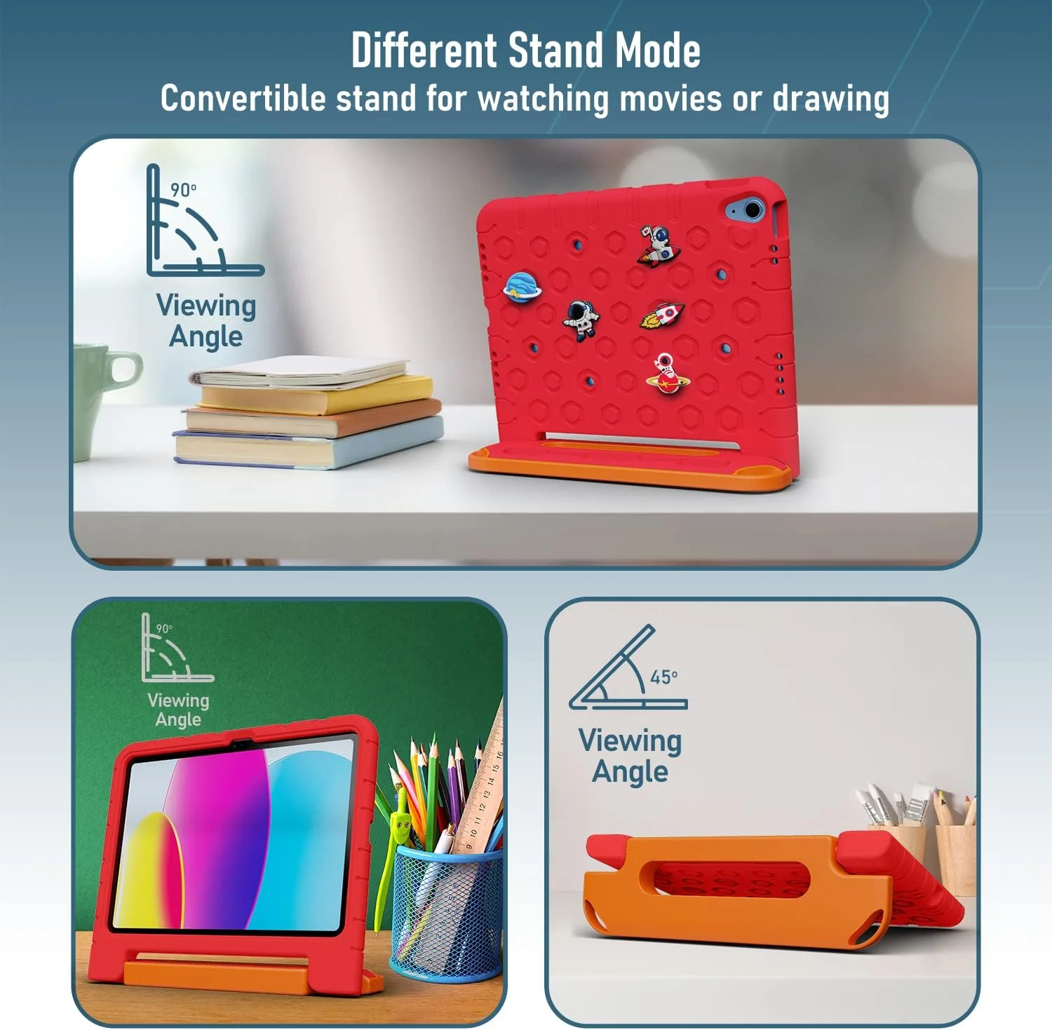 کاور محافظ کودکانه مقاوم Moxedo، ساخته شده از EVA سیلیکونی، ضد ضربه، با طرح کارتونی سه بعدی DIY به همراه جای مداد، استند و دسته، سازگار با آیپد 2022 (نسل 10) 10.9 اینچی (قرمز)