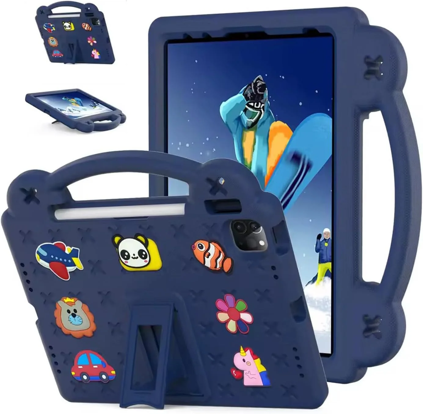 کیف تبلت کودکانه Lukione سازگار با آیپد نسل 11 مدل A16 2025 (11 اینچ)، کاور محافظ سبک و ضد ضربه با دسته و پایه، طراحی زیبا و DIY، بند شانه (آبی)