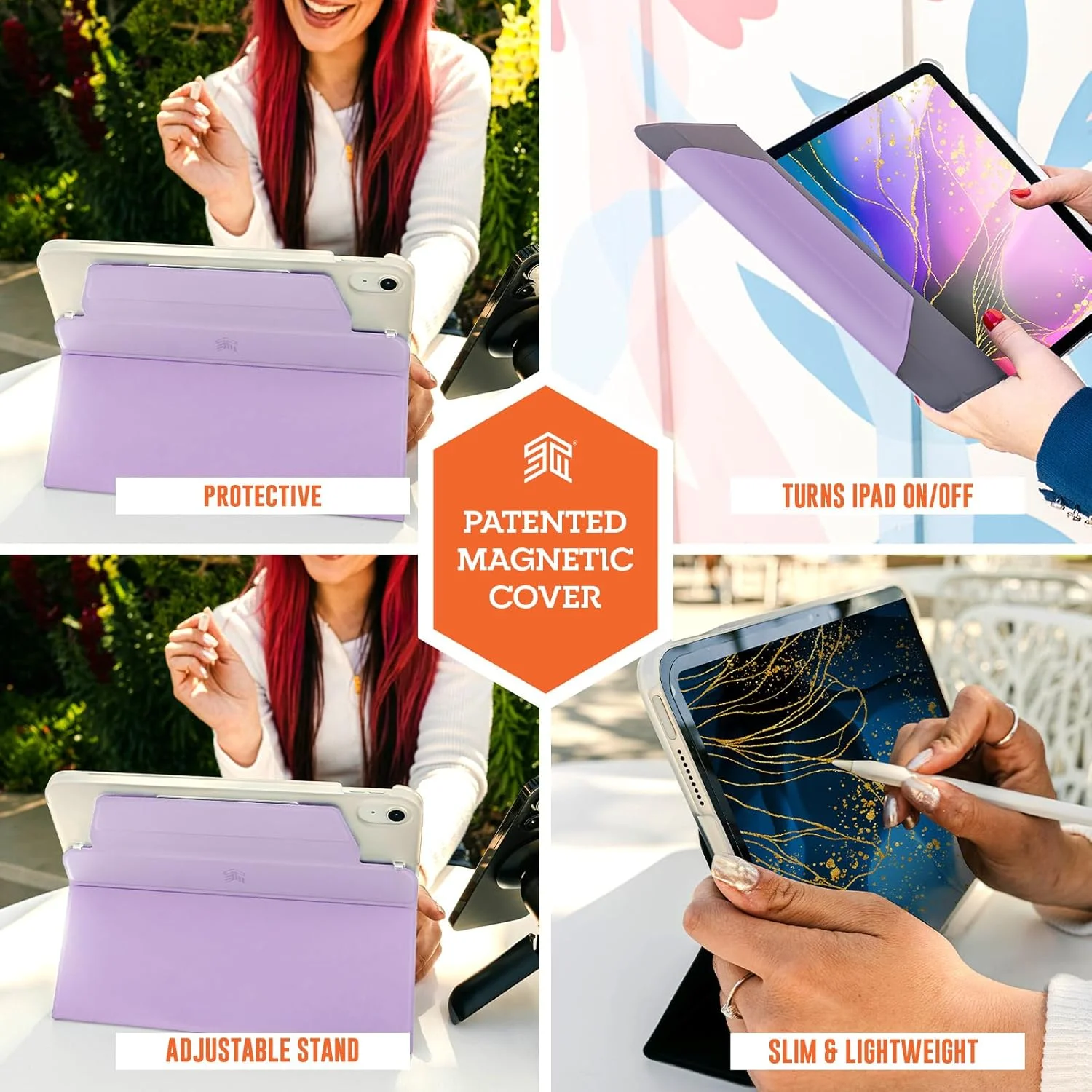 کیف محافظ سبک وزن STM Studio برای آیپد ایر 11 اینچ M2 نسل ششم 2024 (نسل پنجم/چهارم) و آیپد پرو 11 اینچ (نسل چهارم/سوم/دوم/اول) به همراه جایگاه قلم اپل - بنفش