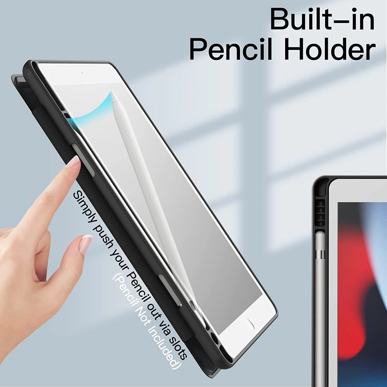 کاور الترآزون سازگار با آیپد 10.2 اینچی (نسل 9/8/7، 2021/2020/2019) با جای قلم، قاب پشتی شفاف، استند باریک و پوشش ضد ضربه تبلت (مشکی، 10.2)