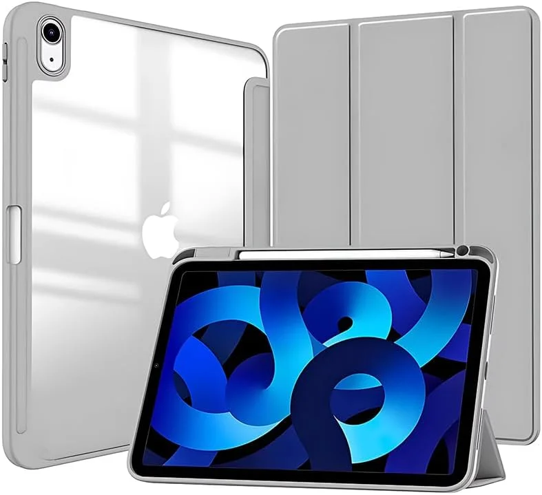 کاور باریک هیبریدی برای آیپد ایر ۱۱ اینچ M3 2025/ M2 2024، آیپد ایر ۵/۴ (نسل پنجم/چهارم ۲۰۲۲/۲۰۲۰ ۱۰.۹ اینچ)، با نگهدارنده قلم، کاور محافظ سه لایه ضد ضربه، حالت خواب/بیدار خودکار، خاکستری اپل