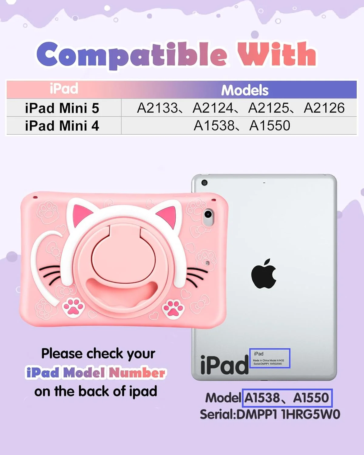 کاور سیلیکونی آیپد مینی 4/5 مدل SurgeCraft طرح گربه، 7.9 اینچ، مناسب دختران، دارای بند و استند، محافظ نرم برای آیپد مینی نسل 5 و 4 اپل