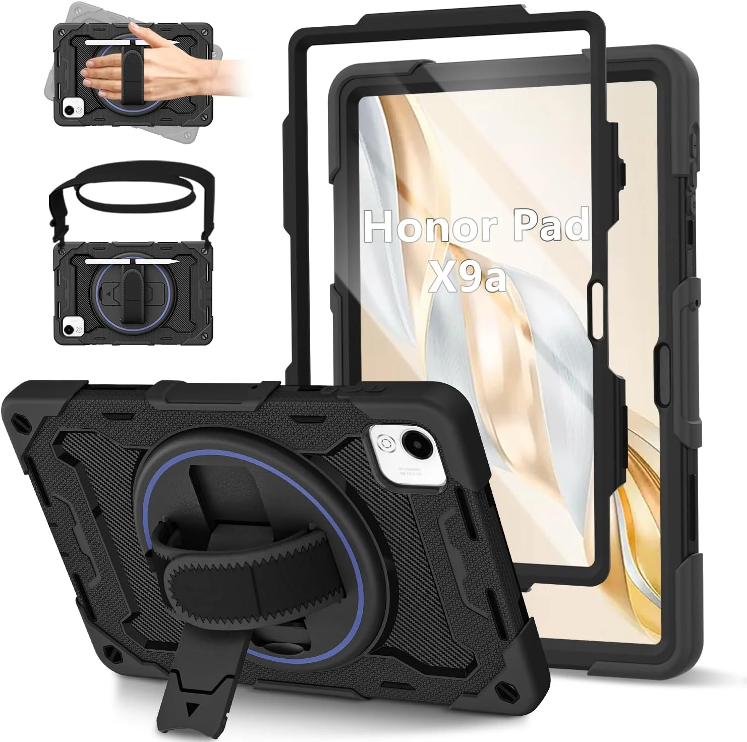 کاور محافظ تبلت آنر پد X9a سایز 11.5 اینچ مدل 2025 به همراه محافظ صفحه نمایش HD، ضد ضربه، مناسب کودکان، دارای استند چرخان 360 درجه، بند شانه و جای قلم، مشکی