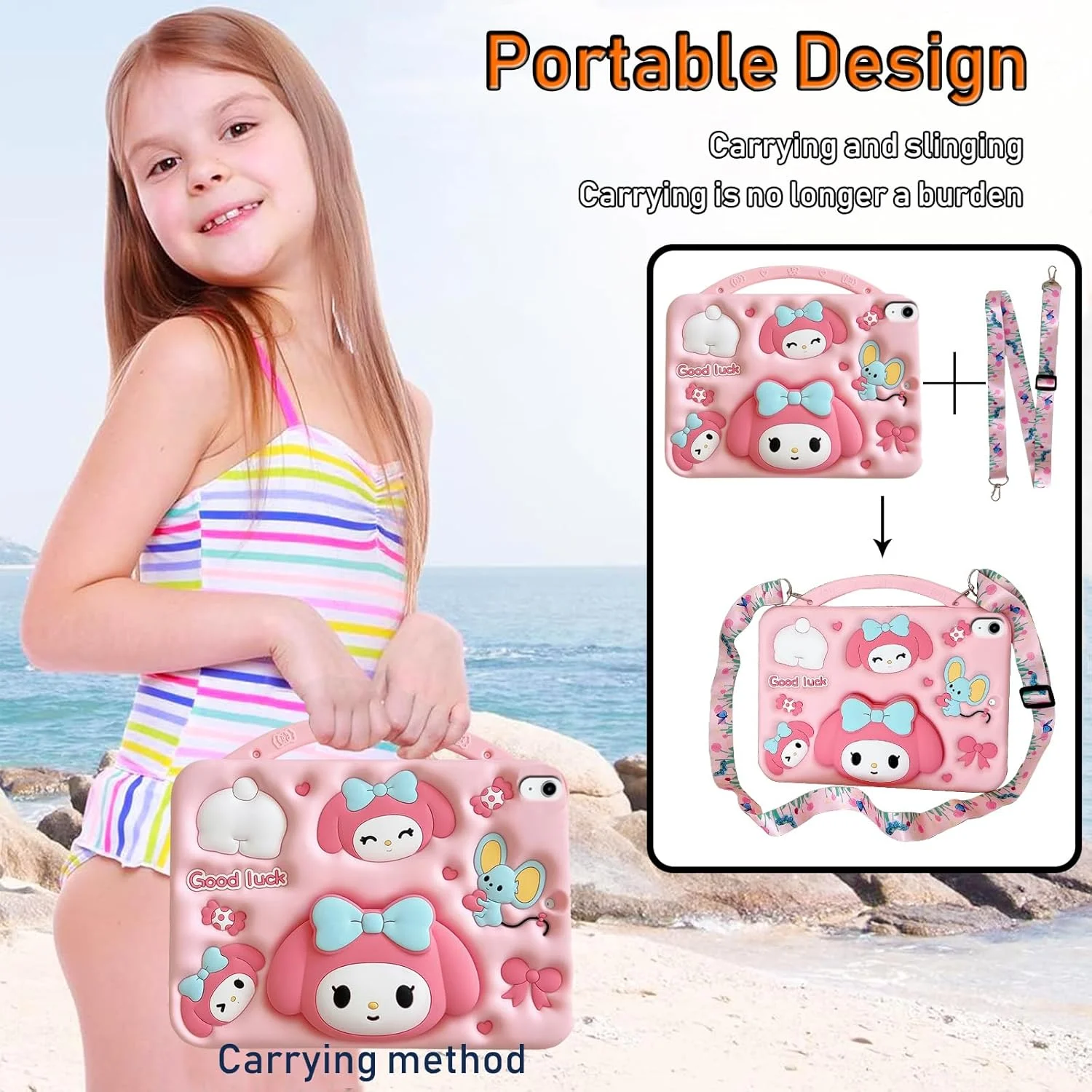 کاور سیلیکونی طرح کارتونی ملودی A-BEAUTY سازگار با آیپد (A16) نسل 11/10 (2025/2022)، ضد ضربه، دارای دسته و بند شانه