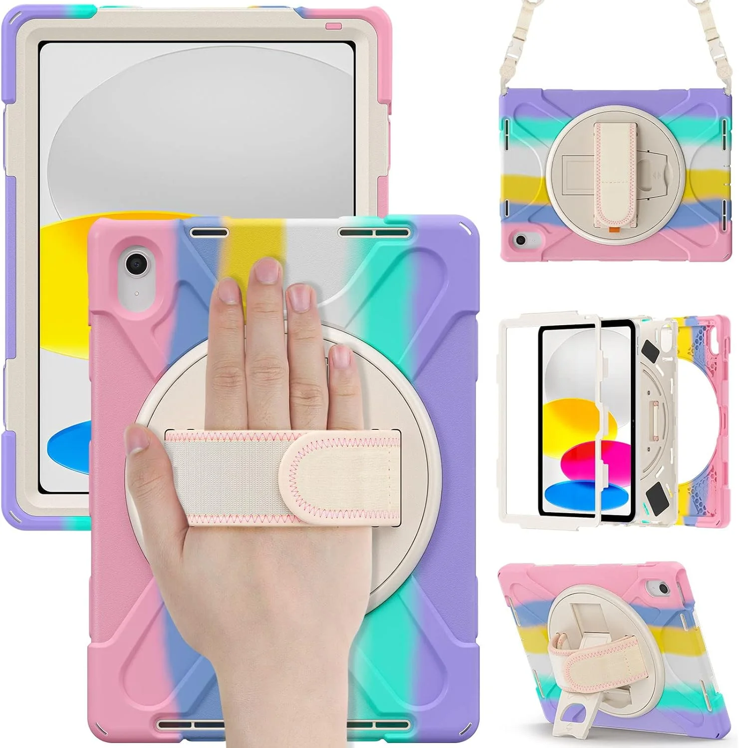 کیف تبلت Jarttarn مناسب برای آیپد نسل 10 با صفحه نمایش 10.9 اینچ (2022)، کاور تبلت ضد ضربه تمام بدنه کودکانه با بند دستی/بند شانه و پایه چرخان (صورتی رنگارنگ)