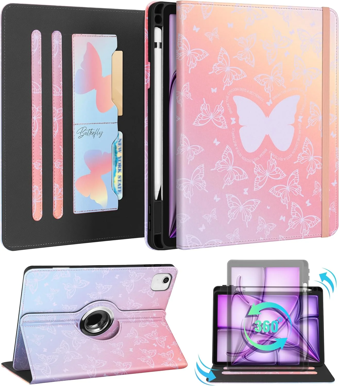 Kidcube for iPad Air 13 Inch Case (M3/M2)/for iPad Pro 12.9 Cases 6th/5th (2022/2021) - Women Girls Cute Rotating Stand Folio Cover with Pencil Holder & Card Slot Design Girly Kawaii Butterfly Cover