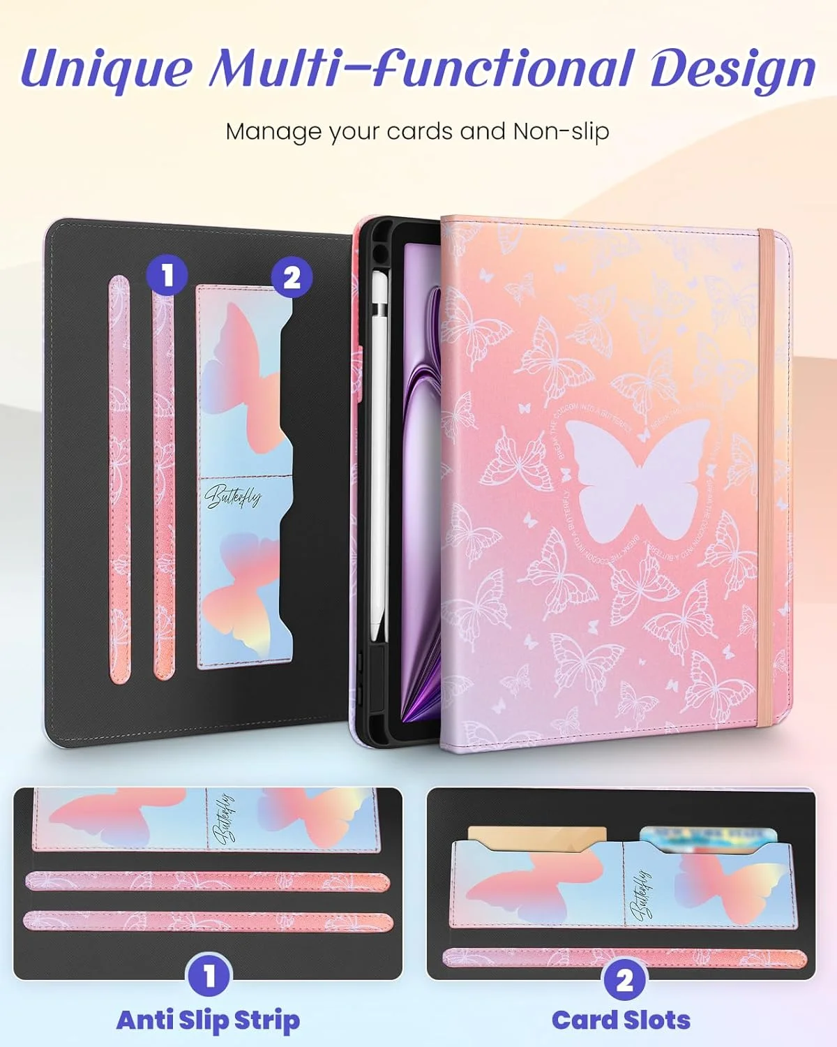 Kidcube for iPad Air 13 Inch Case (M3/M2)/for iPad Pro 12.9 Cases 6th/5th (2022/2021) - Women Girls Cute Rotating Stand Folio Cover with Pencil Holder & Card Slot Design Girly Kawaii Butterfly Cover Kidcube for iPad Air 13 Inch Case (M3/M2)/for iPad Pro 12.9 Cases 6th/5th (2022/2021) - Women Girls Cute Rotating Stand Folio Cover with Pencil Holder & Card Slot Design Girly Kawaii Butterfly Cover
