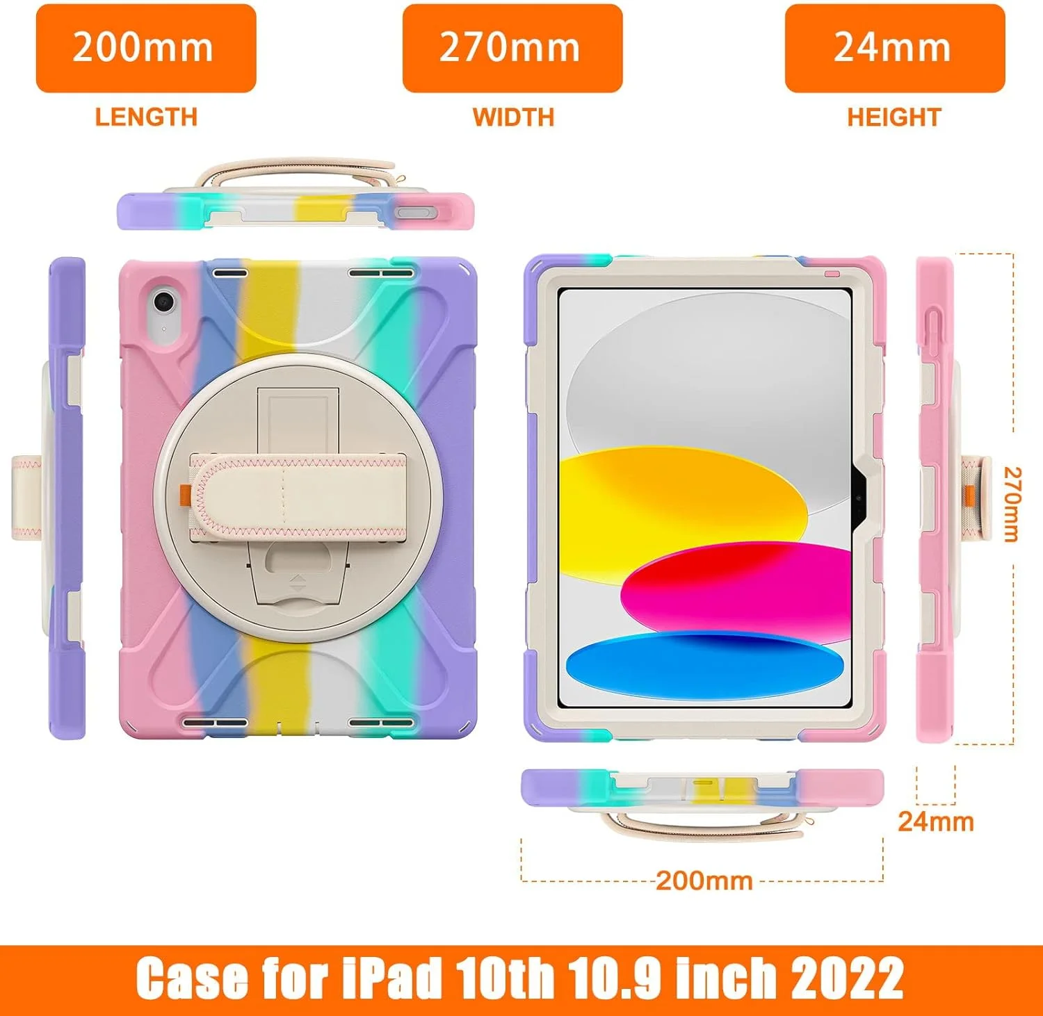 کیف تبلت Jarttarn مناسب برای آیپد نسل 10 با صفحه نمایش 10.9 اینچ (2022)، کاور تبلت ضد ضربه تمام بدنه کودکانه با بند دستی/بند شانه و پایه چرخان (صورتی رنگارنگ)
