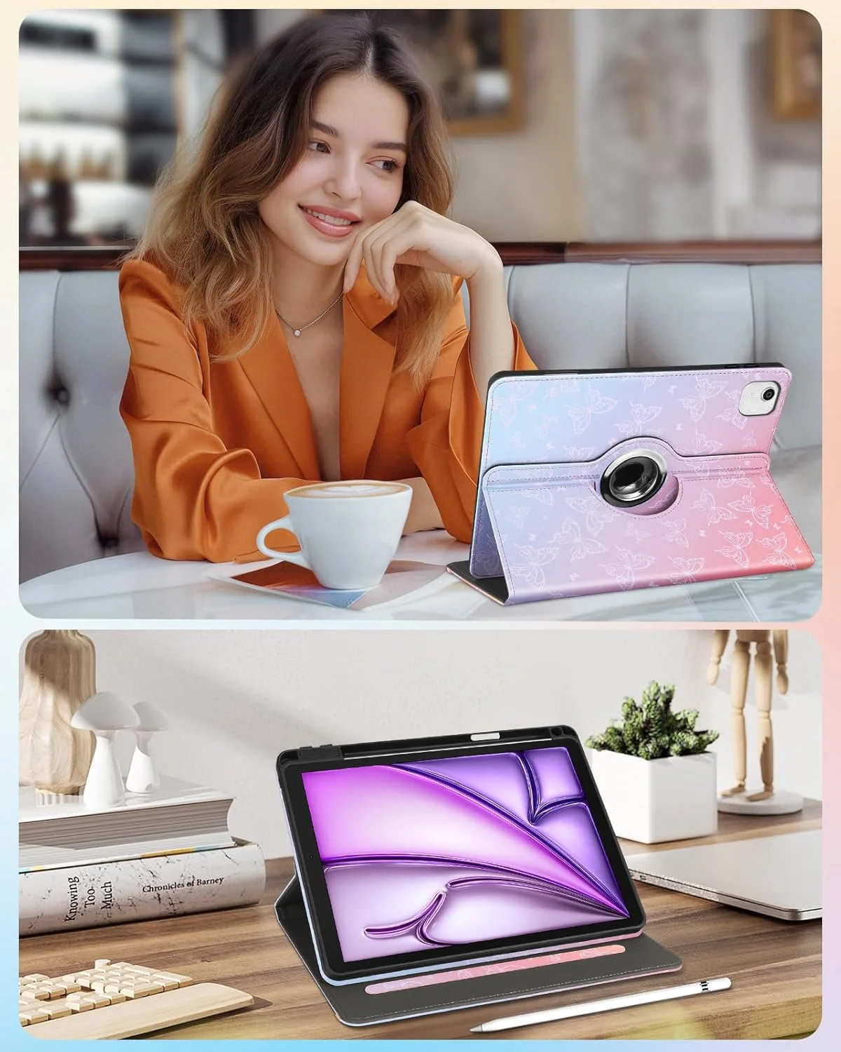 Kidcube for iPad Air 13 Inch Case (M3/M2)/for iPad Pro 12.9 Cases 6th/5th (2022/2021) - Women Girls Cute Rotating Stand Folio Cover with Pencil Holder & Card Slot Design Girly Kawaii Butterfly Cover Kidcube for iPad Air 13 Inch Case (M3/M2)/for iPad Pro 12.9 Cases 6th/5th (2022/2021) - Women Girls Cute Rotating Stand Folio Cover with Pencil Holder & Card Slot Design Girly Kawaii Butterfly Cover