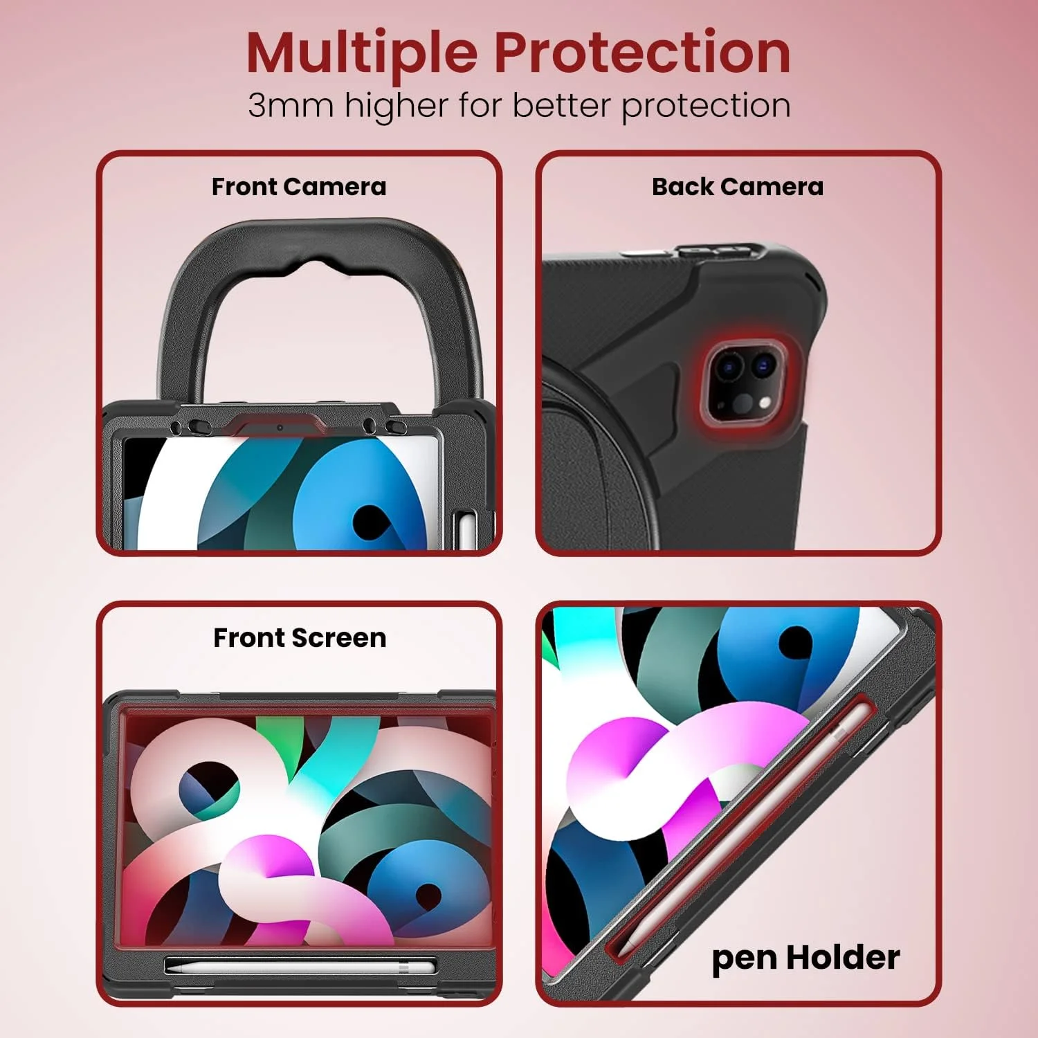 کاور محافظتی مقاوم و رنگارنگ ضد ضربه Moxedo با پایه چرخان 360 درجه، بند شانه و جای قلم برای کودکان، سازگار با Apple iPad Air4/Air5 10.9 / Pro 11 2018/2020/2021 (مشکی)