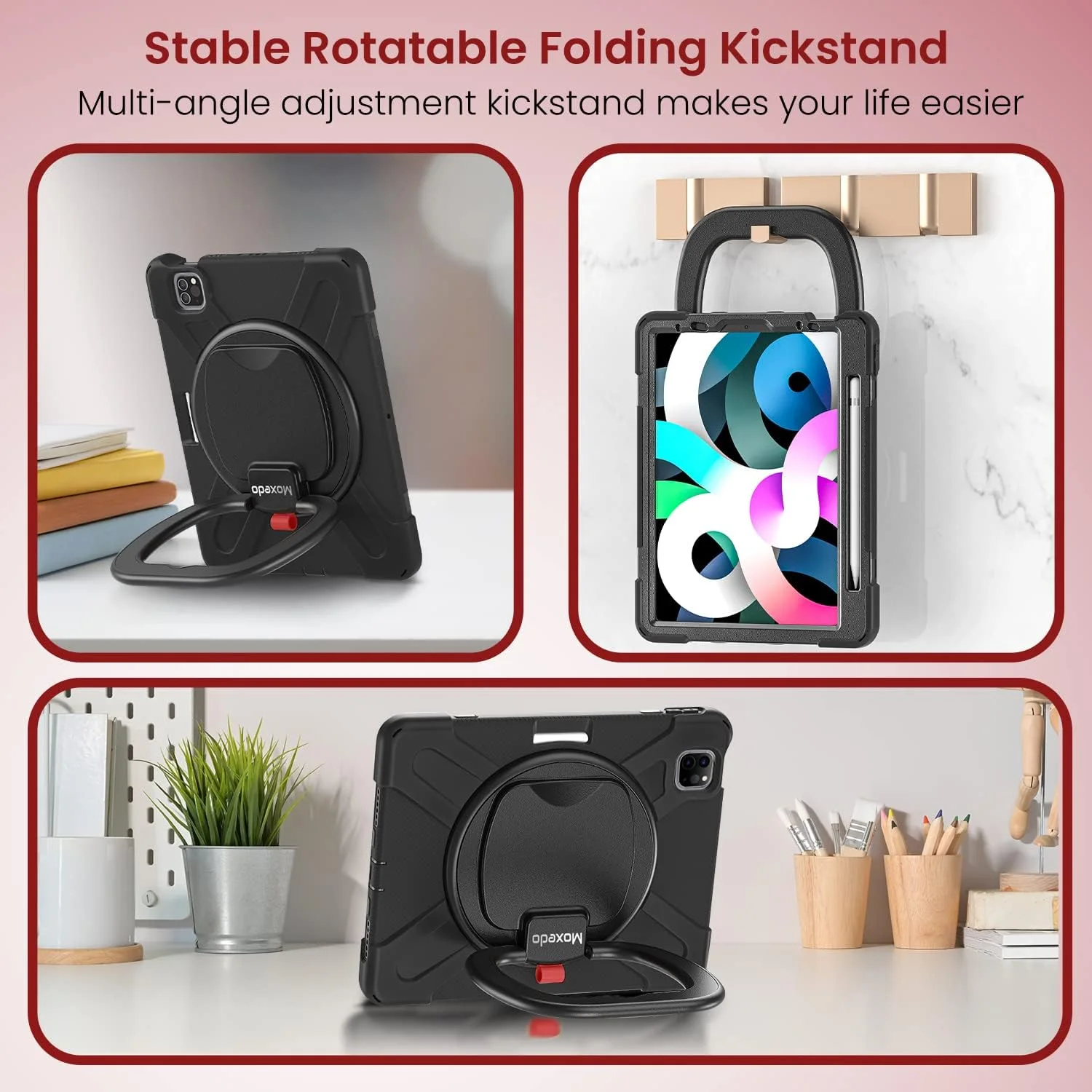 کاور محافظتی مقاوم و رنگارنگ ضد ضربه Moxedo با پایه چرخان 360 درجه، بند شانه و جای قلم برای کودکان، سازگار با Apple iPad Air4/Air5 10.9 / Pro 11 2018/2020/2021 (مشکی)