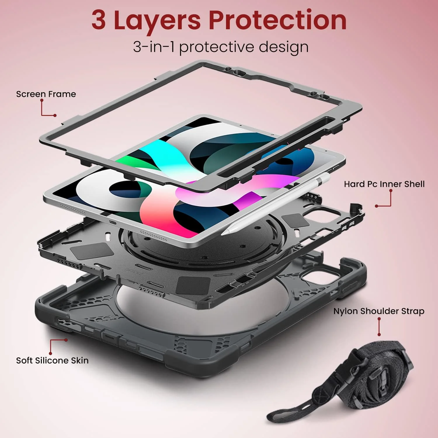 کاور محافظتی مقاوم و رنگارنگ ضد ضربه Moxedo با پایه چرخان 360 درجه، بند شانه و جای قلم برای کودکان، سازگار با Apple iPad Air4/Air5 10.9 / Pro 11 2018/2020/2021 (مشکی)