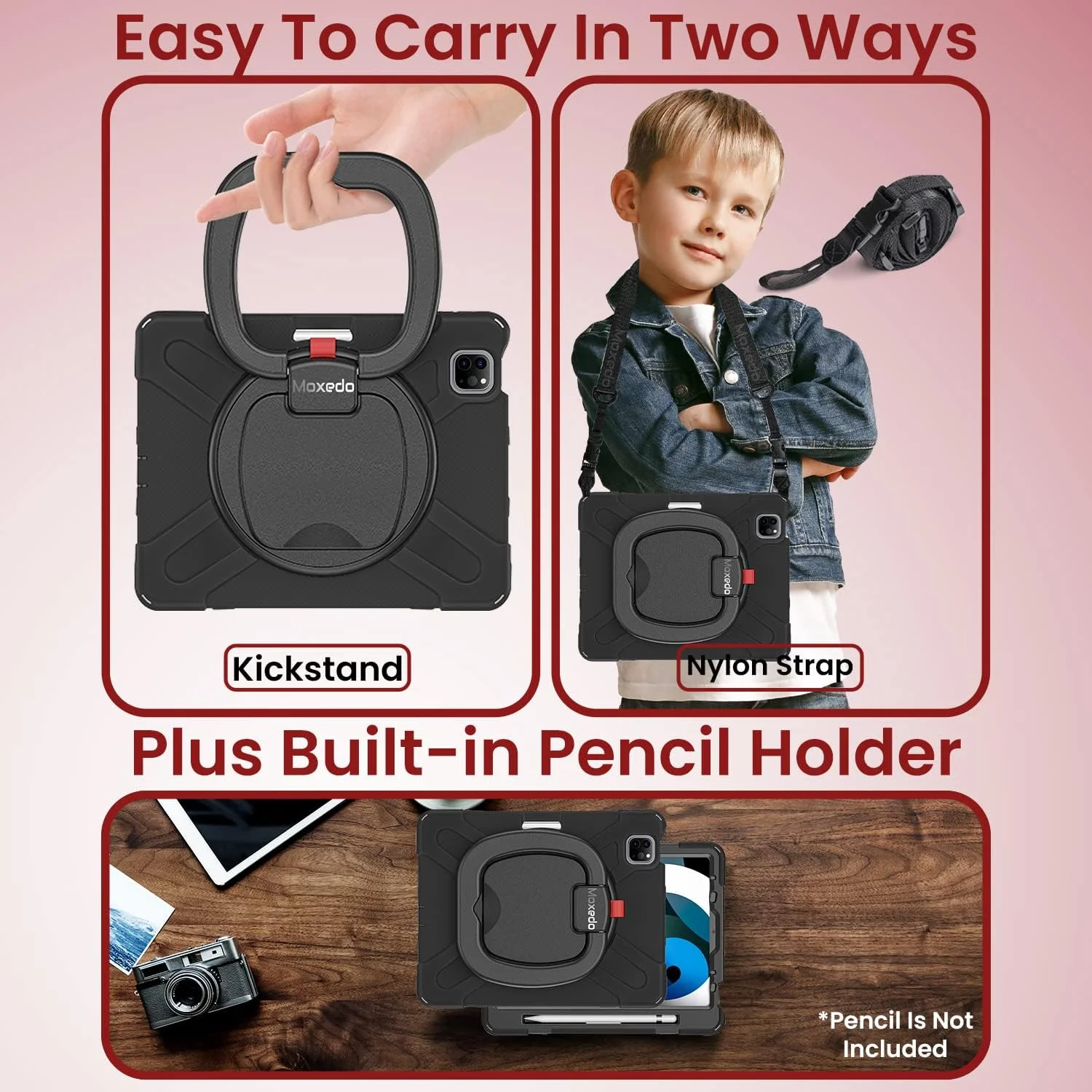 کاور محافظتی مقاوم و رنگارنگ ضد ضربه Moxedo با پایه چرخان 360 درجه، بند شانه و جای قلم برای کودکان، سازگار با Apple iPad Air4/Air5 10.9 / Pro 11 2018/2020/2021 (مشکی)