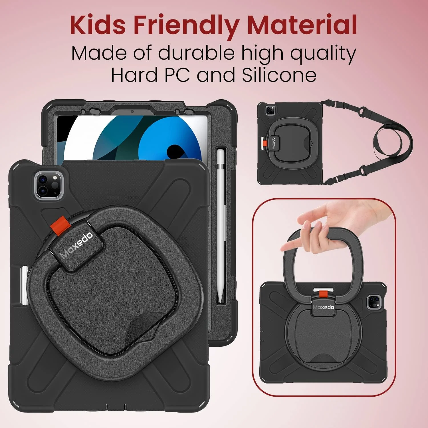 کاور محافظتی مقاوم و رنگارنگ ضد ضربه Moxedo با پایه چرخان 360 درجه، بند شانه و جای قلم برای کودکان، سازگار با Apple iPad Air4/Air5 10.9 / Pro 11 2018/2020/2021 (مشکی)