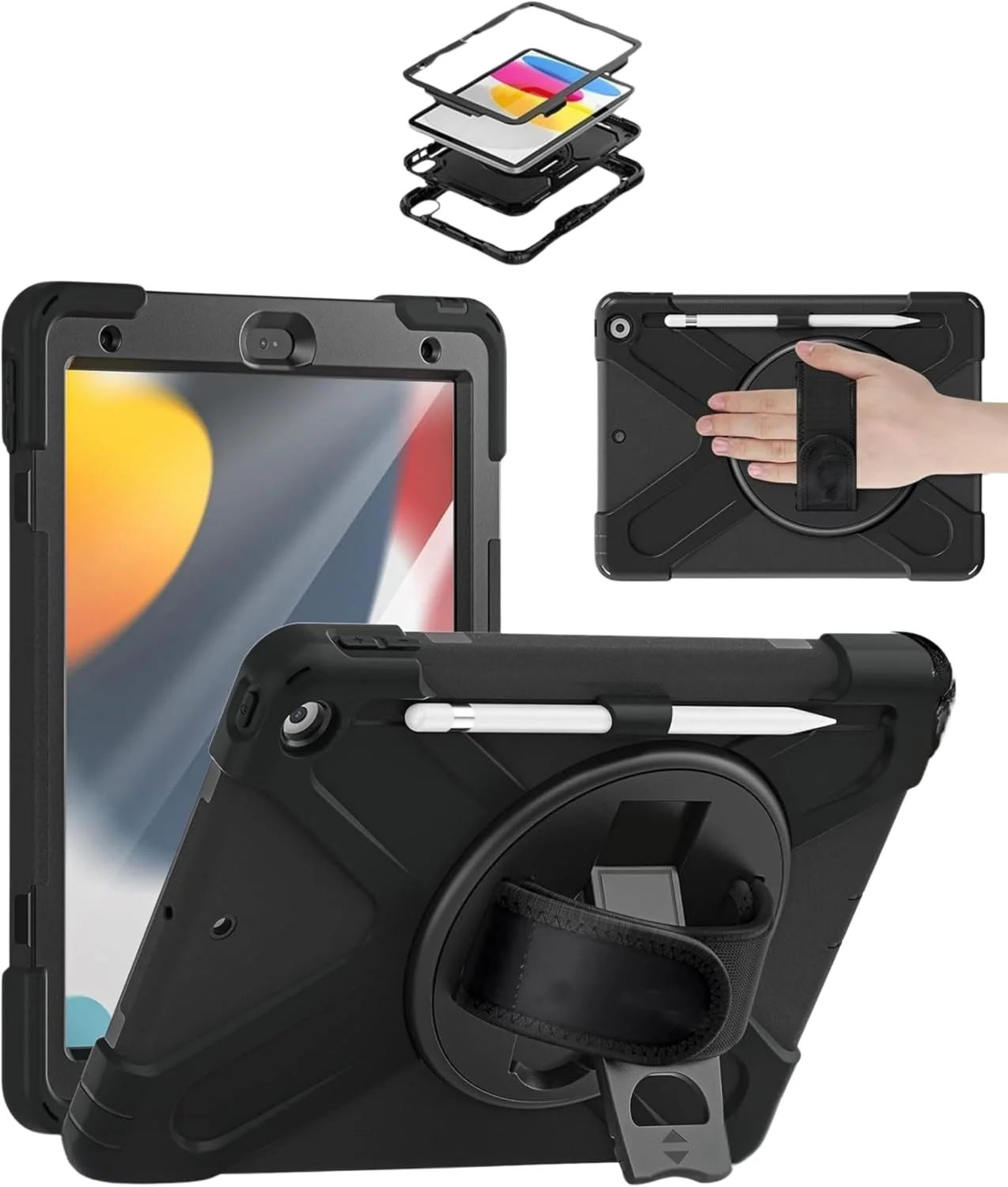 کاور محافظ آیپد نسل 9، 8 و 7 Next Plug با بند دستی، محافظ صفحه نمایش، کاور تبلت کودکانه با محافظت 3 لایه و جای قلم برای آیپد ایر نسل 9/8/7 10.2 اینچی 2019-2021