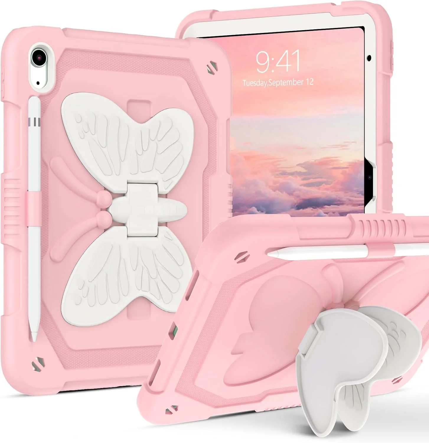 کیف محافظ آیپد نسل 10 YINLAI، کاور دولایه ضربه گیر با استند پروانه ای، محافظ کامل بدنه کودکانه مناسب آیپد نسل 10 (2022) 10.9 اینچ، صورتی