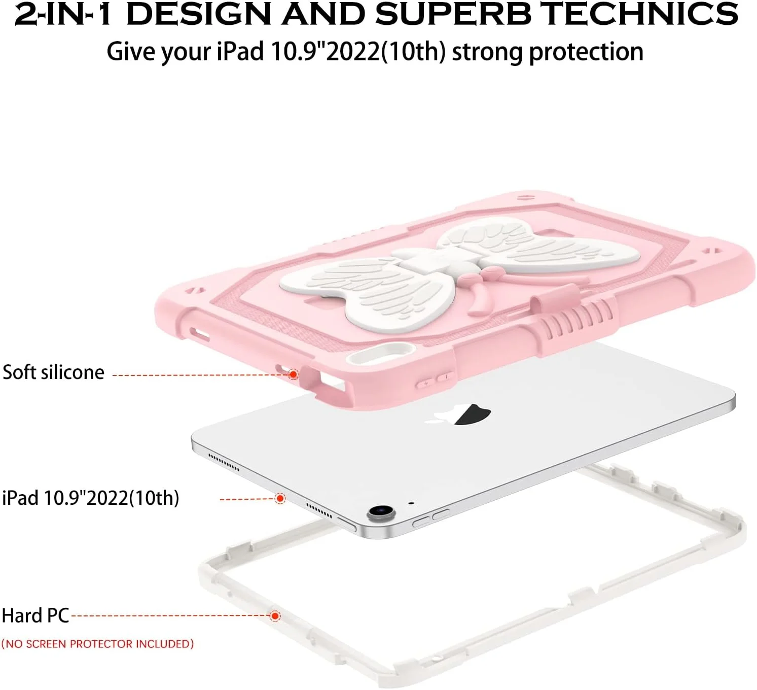 کیف محافظ آیپد نسل 10 YINLAI، کاور دولایه ضربه گیر با استند پروانه ای، محافظ کامل بدنه کودکانه مناسب آیپد نسل 10 (2022) 10.9 اینچ، صورتی