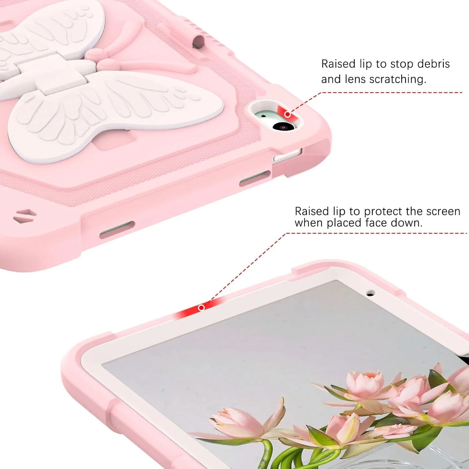 کیف محافظ آیپد نسل 10 YINLAI، کاور دولایه ضربه گیر با استند پروانه ای، محافظ کامل بدنه کودکانه مناسب آیپد نسل 10 (2022) 10.9 اینچ، صورتی