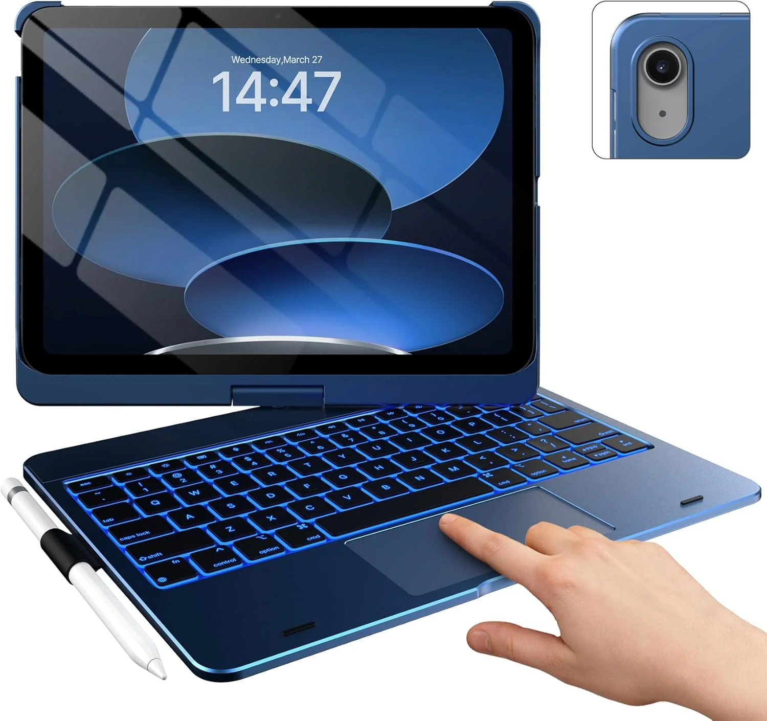 کیبورد دار کاور آیپد نسل 10 مدل Touch (10.9 اینچ، 2022) و آیپد A16 (نسل 11، 2025) – چرخش 360 درجه، نور پس زمینه 11 رنگ، ترک پد چند لمسی، نازک و سبک (آبی تیره)