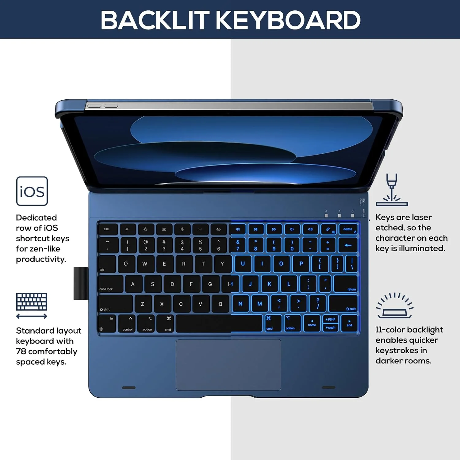کیبورد دار کاور آیپد نسل 10 مدل Touch (10.9 اینچ، 2022) و آیپد A16 (نسل 11، 2025) – چرخش 360 درجه، نور پس زمینه 11 رنگ، ترک پد چند لمسی، نازک و سبک (آبی تیره) کیبورد دار کاور آیپد نسل 10 مدل Touch (10.9 اینچ، 2022) و آیپد A16 (نسل 11، 2025) – چرخش 360 درجه، نور پس زمینه 11 رنگ، ترک پد چند لمسی، نازک و سبک (آبی تیره)